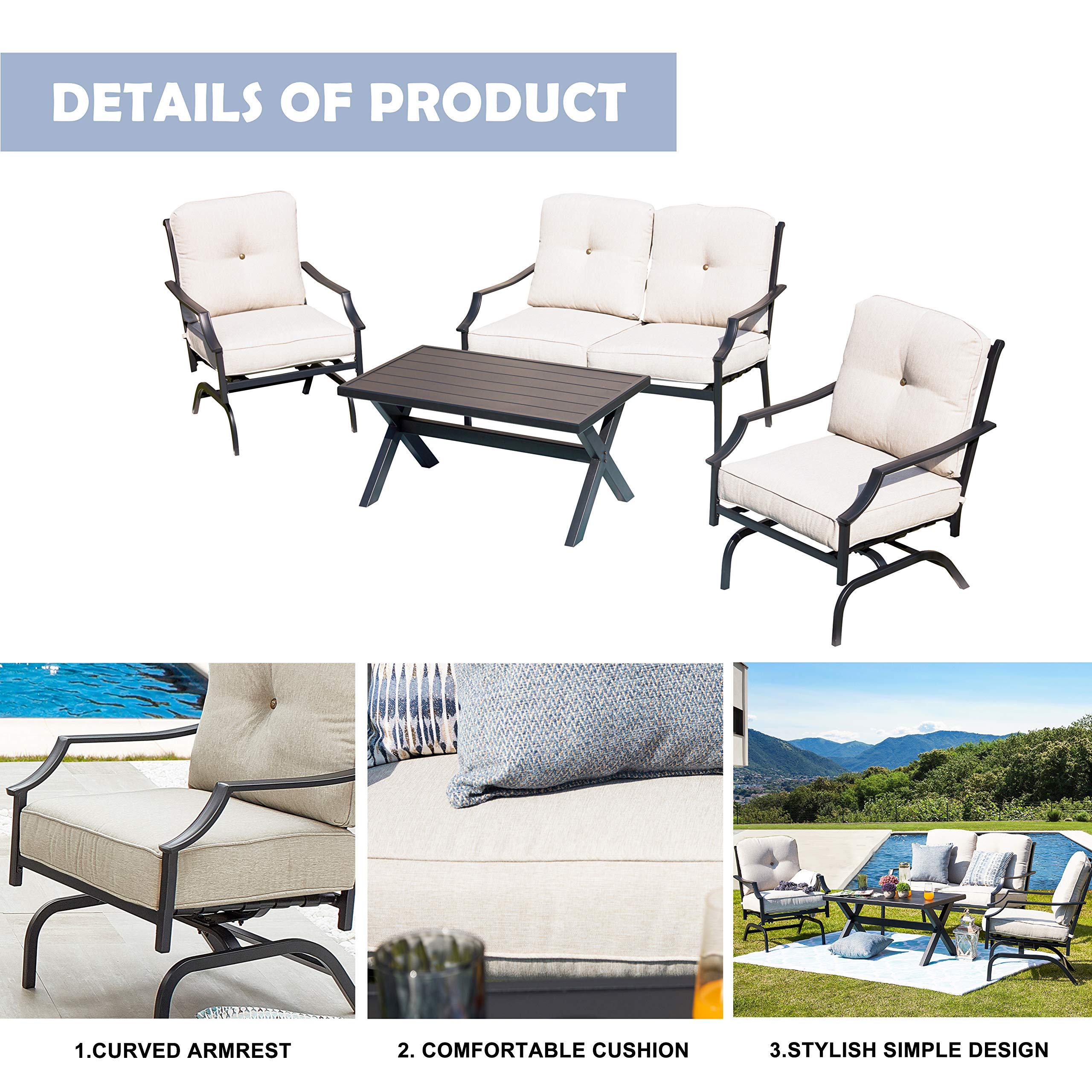 LOKATSE HOME 4-Piece Outdoor Patio Furniture Set - Metal Bistro Chairs with Cushions & Coffee Table, Beige Conversation Set for Garden, Backyard, Poolside & Balcony