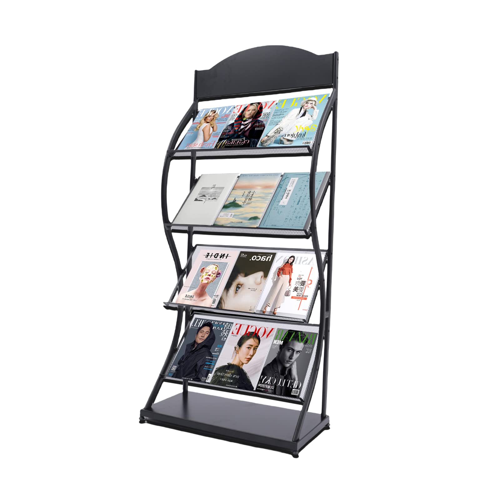4-Tier Floor Standing Magazine Rack - Large Capacity Newspaper & Book Organizer for Magazines, Periodicals, Newspapers - Perfect for Living Room, Office, Library & Waiting Areas (Black)
