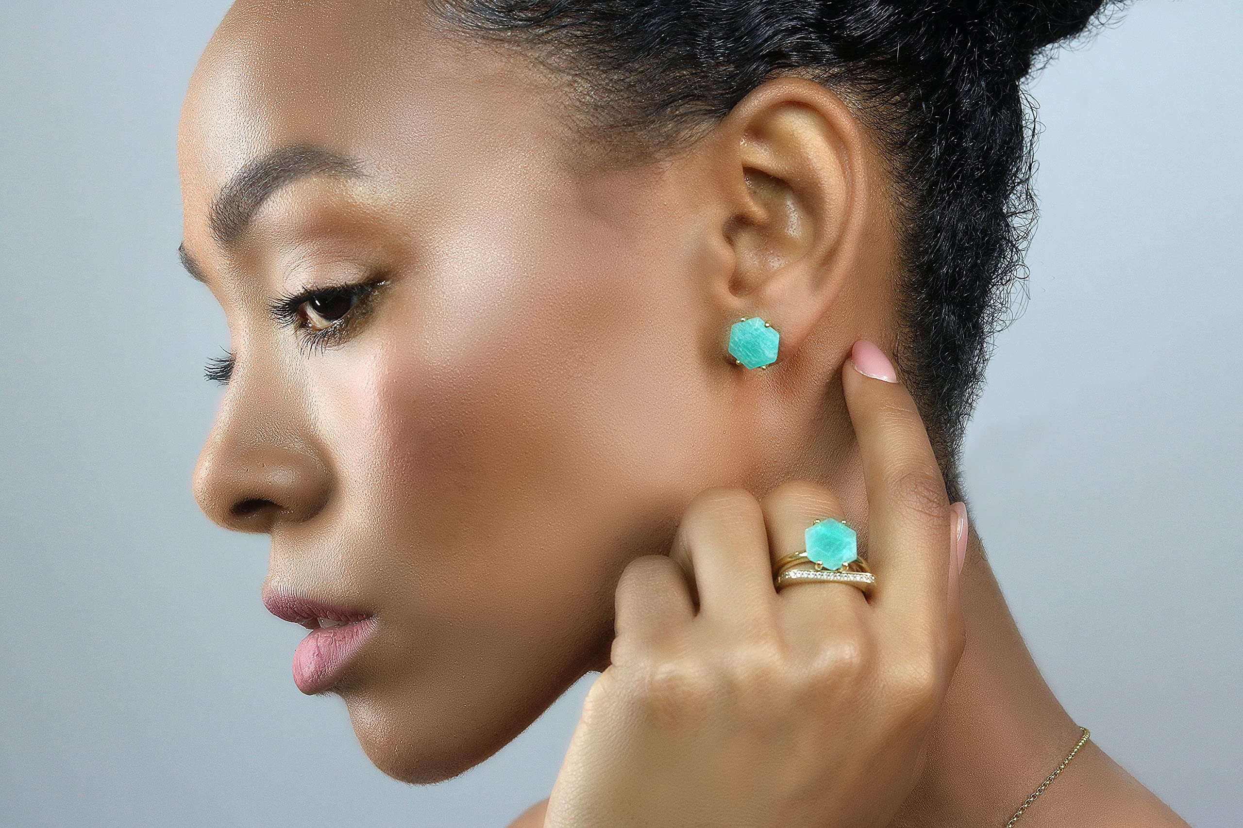 Hexagon Amazonite Stud Earrings - Handmade Crystal Jewelry for Women, Bridal & Fashion Statement - Gift Box Included | Perfect for Weddings, Parties & Everyday Wear