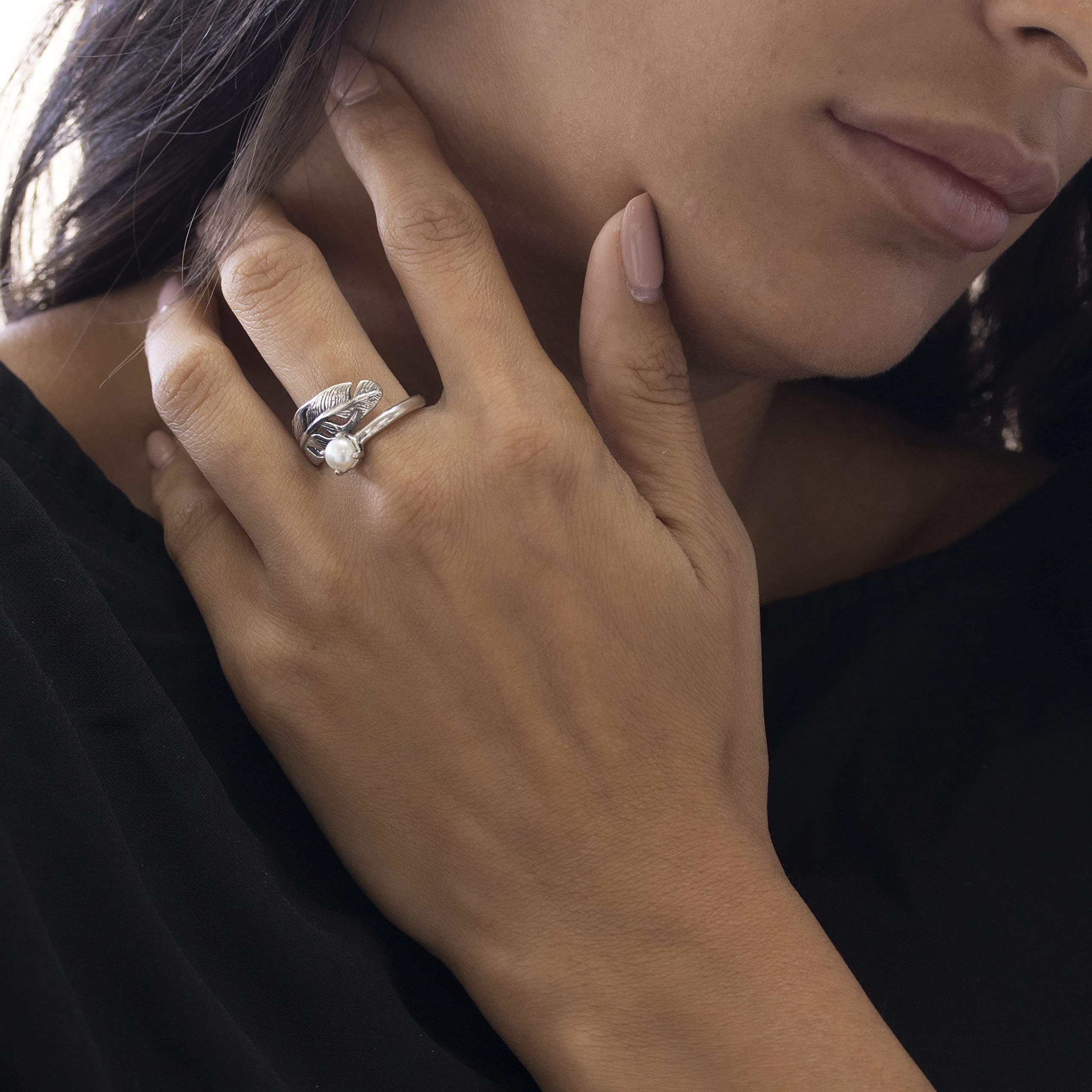 925 Sterling Silver Pearl Bypass Rings for Women | Elegant Feather Design Anniversary & Statement Jewelry | Perfect for Weddings, Date Nights & Special Occasions