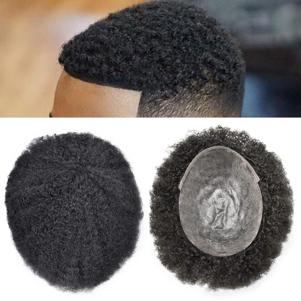 Premium Afro Toupee for Black Men - 100% Human Hair Replacement System with 6 Weave & PU Base - Curly Afro Wig (8x10, Off Black 1B#-6mm Afro Wave) - Perfect for Daily Wear, Special Occasions & Hair Loss Solutions