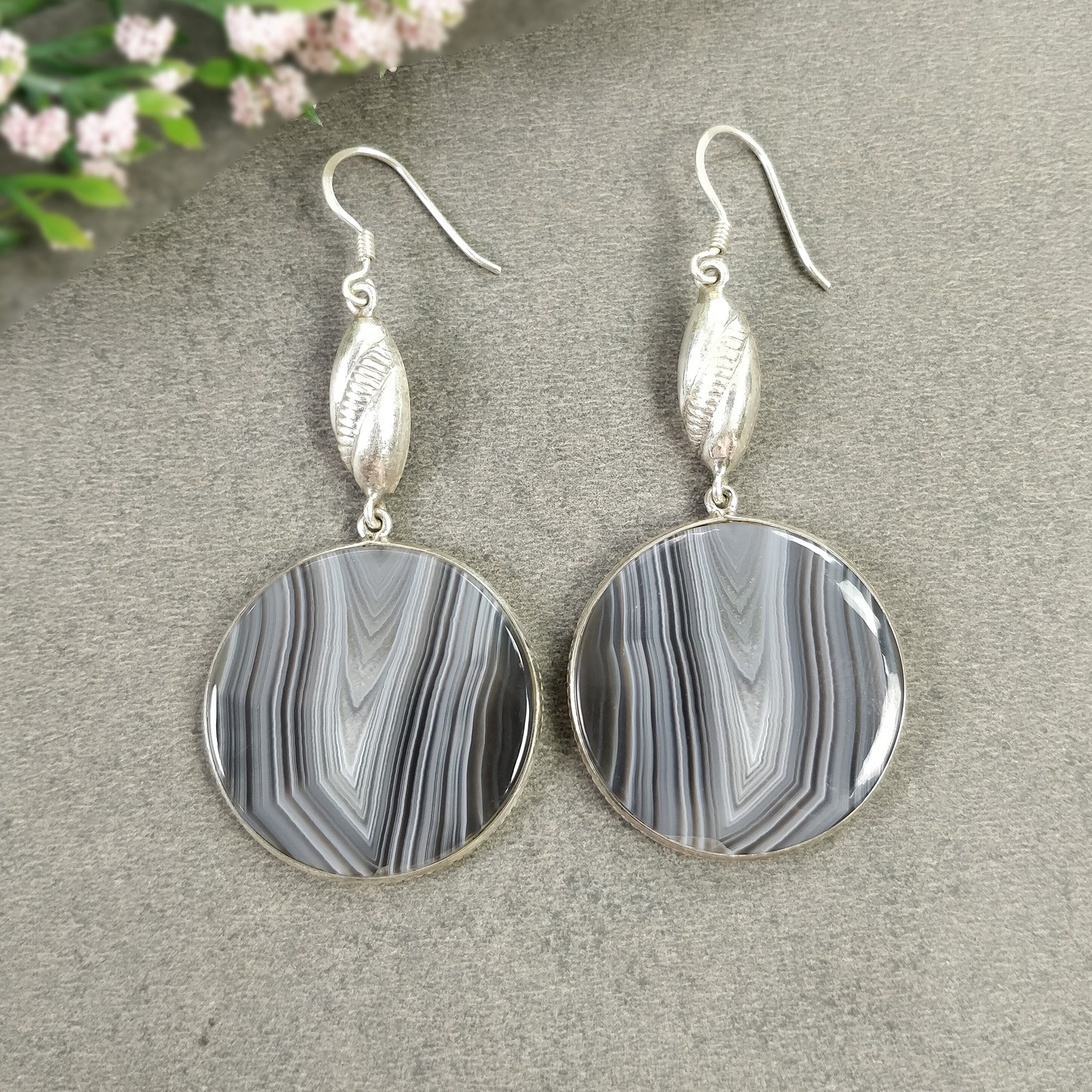 Botswana Agate Gemstone Earrings - 18.94g Natural 925 Sterling Silver Bi-Color Round Bezel Set Drop Dangle Hook Earrings (2.5 Inch) for Women | Perfect for Parties, Weddings & Everyday Elegant Wear