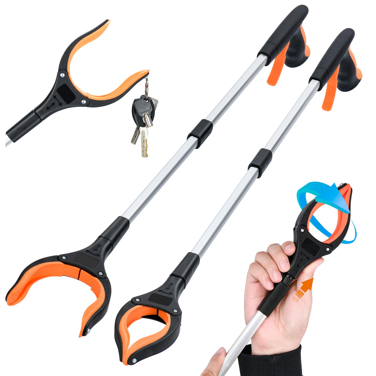 2-Pack 32 Inch Foldable Reacher Grabber Tool with 4 Inch Wide Jaw & 360° Rotating Head - Mobility Aid Assist Grabber for Seniors & Disabled - Ideal for Picking Up Trash, Reaching High Shelves & Daily Living Assistance (Orange)