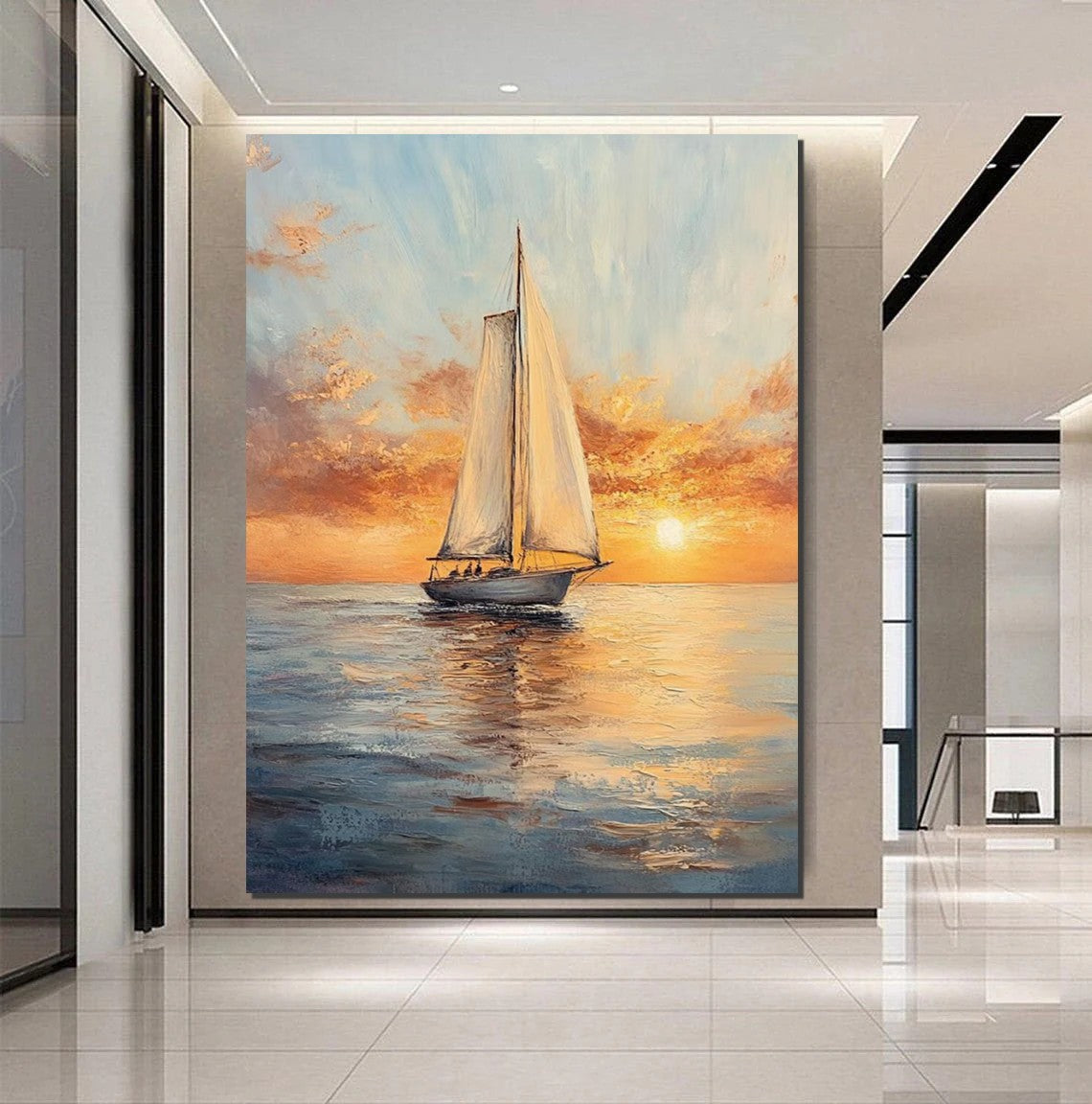 Modern Acrylic Sail Boat Painting on Oversized Canvas - Handmade Wall Art for Dining Room Decor | Large Contemporary Nautical Artwork for Living Room & Office