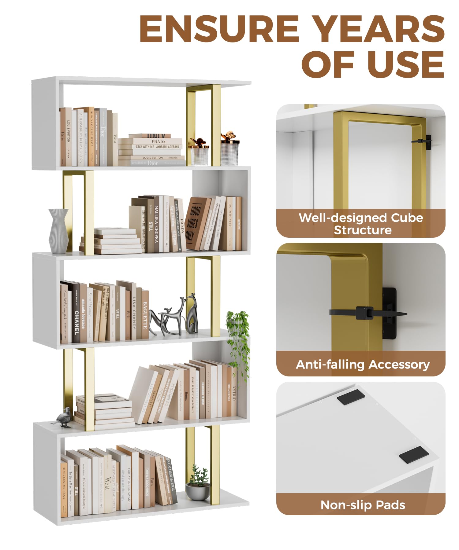 Gadroad 5-Tier Geometric Bookcase - Modern S-Shaped Wooden Bookshelf with Gold Finish, Freestanding Decorative Storage Shelf for Living Room & Bedroom | Perfect for Displaying Books, Decor & Collectibles