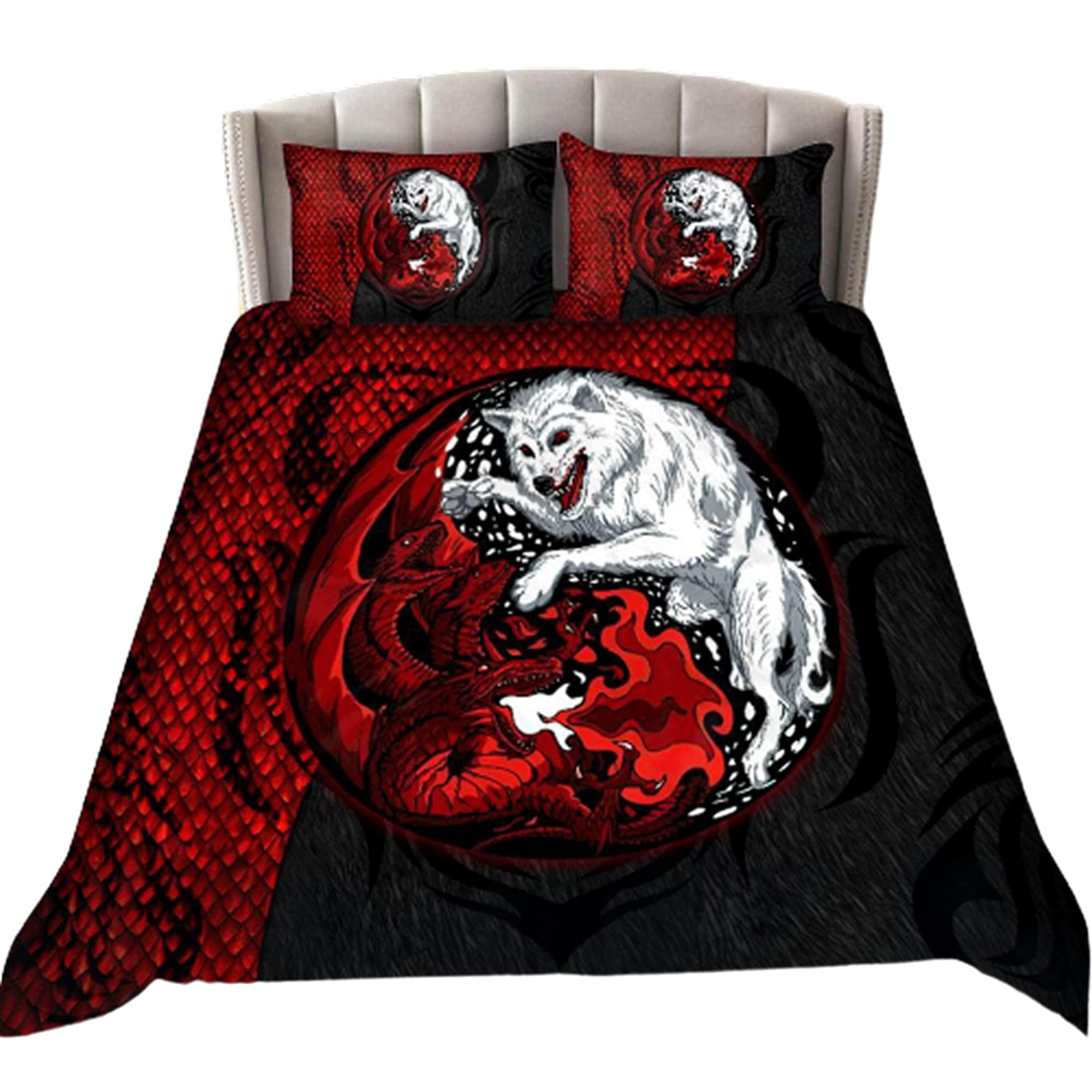 3D Red & Black Dragon and Wolf Bedding Set - Full Size Comforter, Duvet Cover & Pillowcases for Gothic Bedroom Decor - Perfect for Fantasy Lovers, Game Rooms and Themed Bedrooms (ZDBS5103)