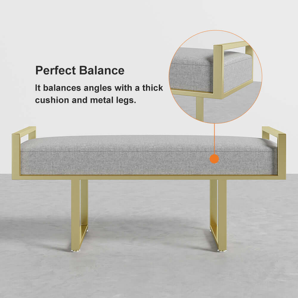 Modern Gray Linen Upholstered Ottoman Bench with Gold Legs - Bedroom, Entryway & Living Room Seating Furniture for Home Decor