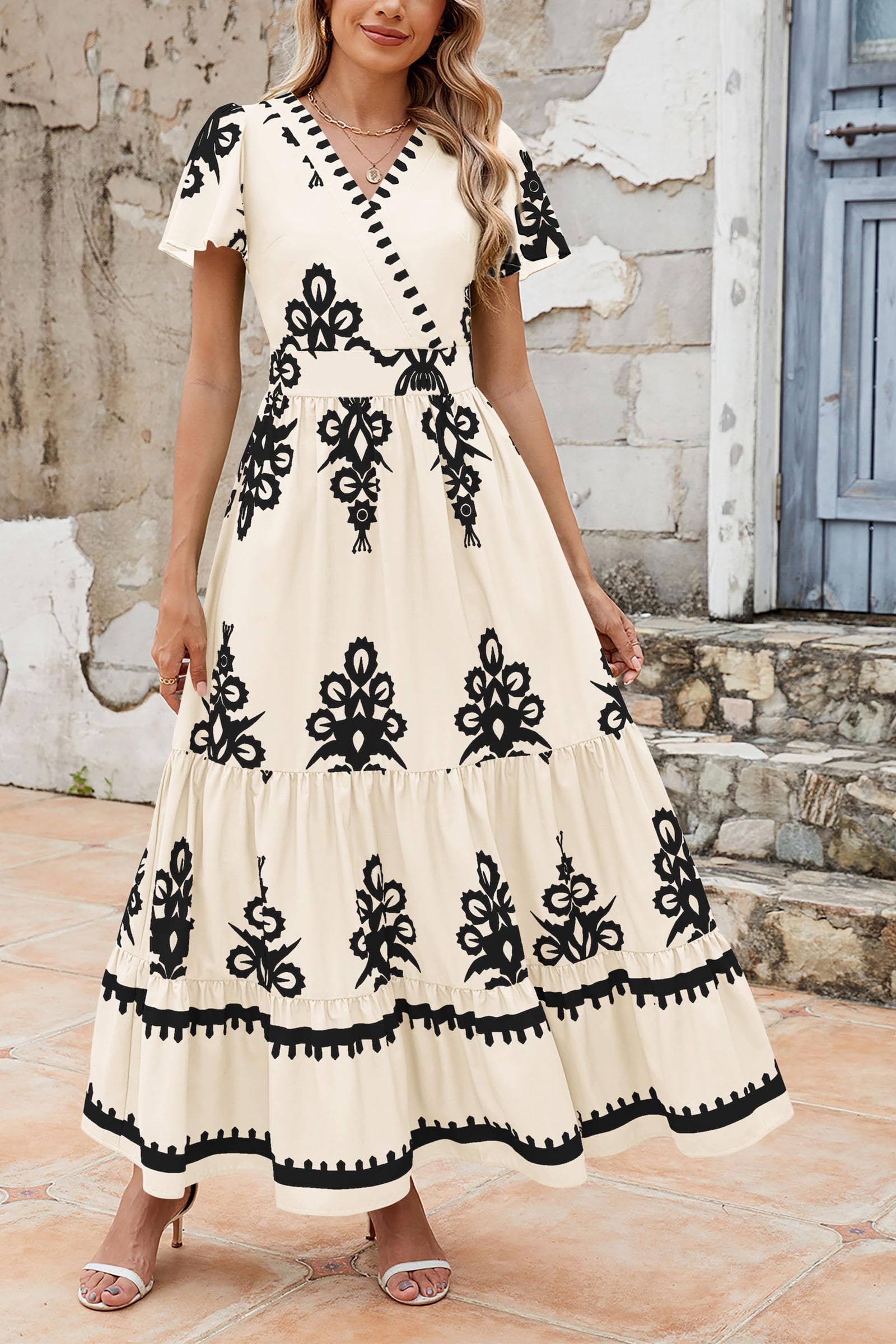 PRETTYGARDEN Women's 2025 Summer Boho Floral Maxi Dress - V Neck, Flowy A-Line, Bell Sleeve, Tiered Design with Pockets | Perfect for Beach Vacations, Music Festivals & Summer Parties