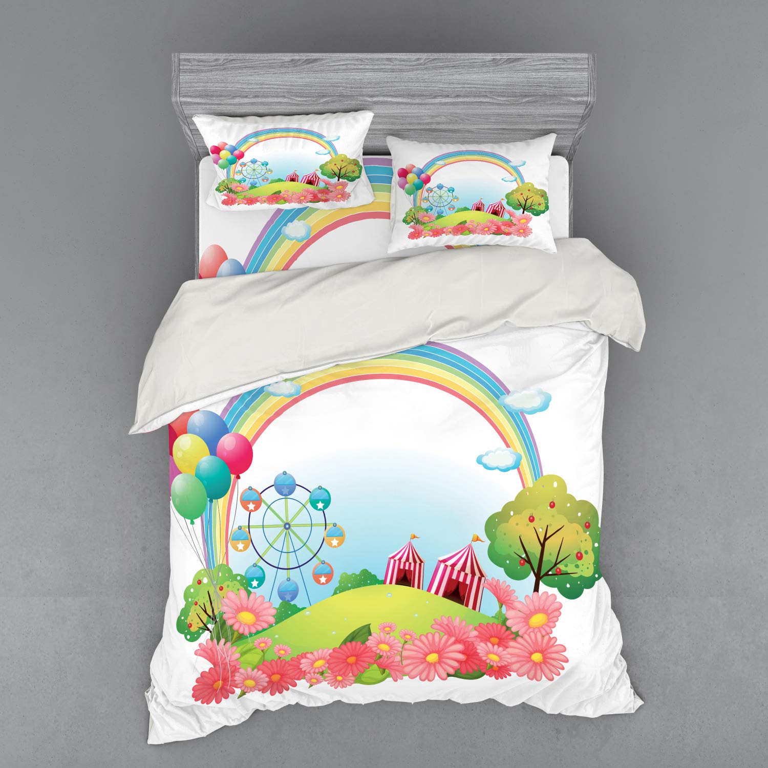 Ambesonne Circus Themed Bedding Set - 4 Piece Duvet Cover with Shams & Fitted Sheet, Queen Size, Multicolor Rainbow Design with Circus Tents, Balloons & Ferris Wheel - Perfect for Kids' Rooms, Themed Bedrooms & Circus Lovers
