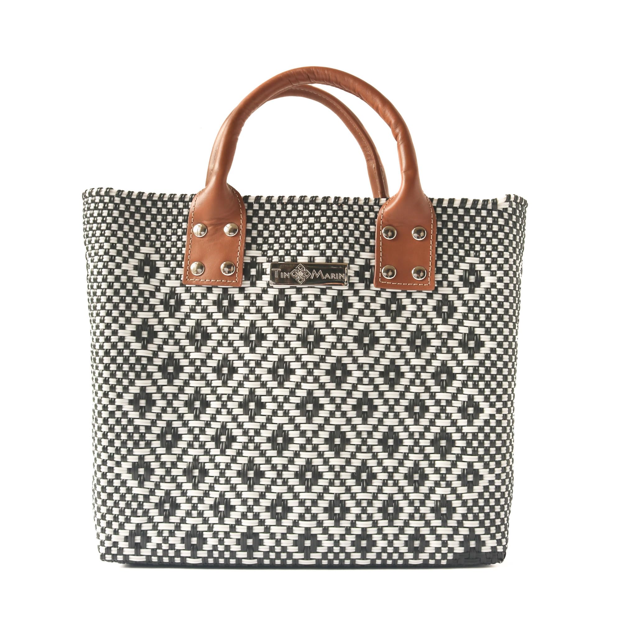 Eco-Friendly Panda Large Woven Crossbody Bag with Tan Leather Handles - Handwoven Recycled Plastic Purse, Mexican Woven Tote for Women | Perfect Summer Bag, Work Bag & Everyday Purse for Office, Travel & Shopping