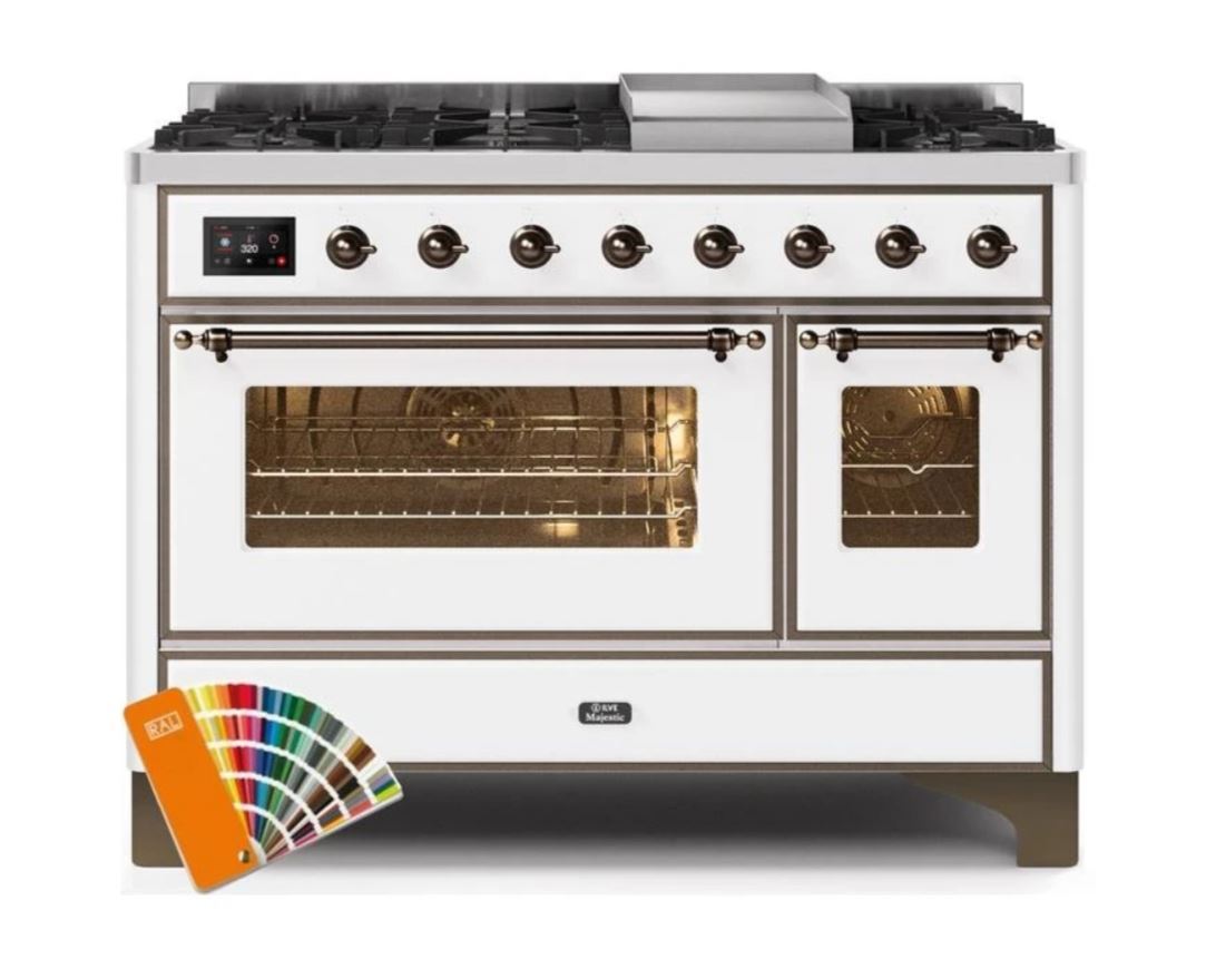 ILVE 48 Inch Majestic II Series Freestanding Dual Fuel Double Oven Range with 8 Sealed Burners, Triple Glass Cool Door & Convection Oven - Professional Gas Range for Home Kitchen, Restaurant & Catering (UM12FDNS)