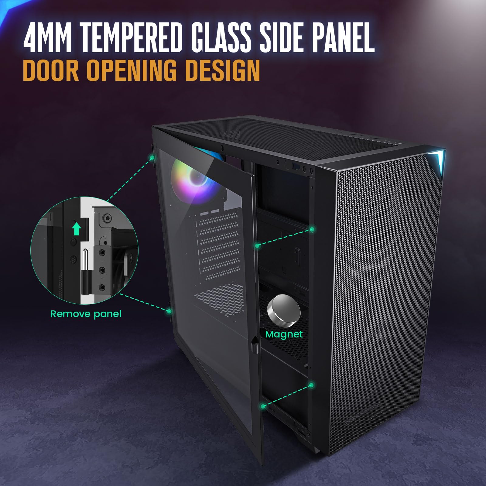 VETROO AL800 Full Tower PC Case - Tempered Glass Door Design, E-ATX/ATX Motherboard Support, Adjustable LED Lighting, Pre-Installed ARGB & PWM FDB Fan, Compatible with RTX 40 Series GPUs - Black | High Airflow Gaming PC Case for Streaming & Content Creation