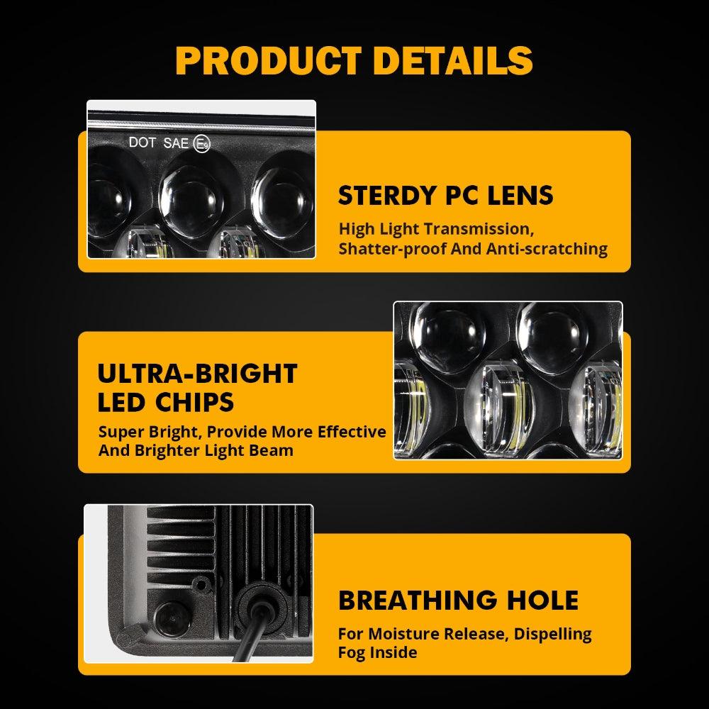 4x6 LED Headlights with DRL - DOT Approved High/Low Beam Rectangular Headlamps for Peterbilt, Kenworth, Freightliner & Ford Trucks - Perfect for Night Driving & Off-Road Adventures