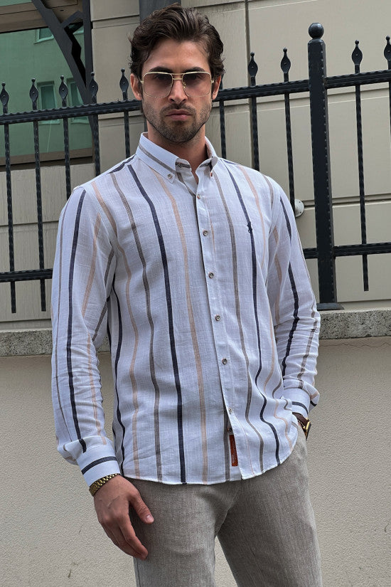 Slim Fit Striped Cotton Shirt for Men - White & Navy Blue - Breathable & Comfortable - Perfect for Casual Wear, Office & Business Meetings