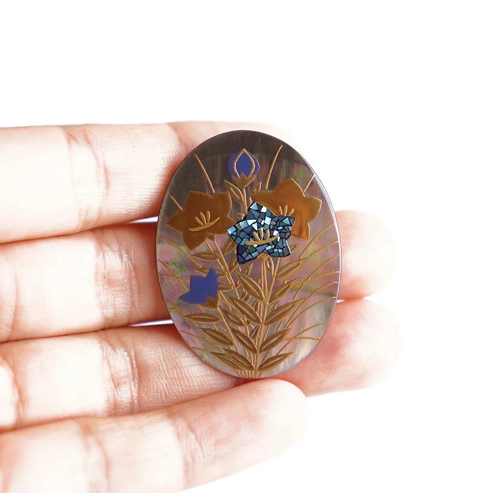 Handmade Maki-e Urushi Lacquer Brooch - Black Lip Pearl & Bellflower Design | Traditional Japanese Lacquer Jewelry for Women | Perfect for Kimono, Formal Wear & Special Occasions