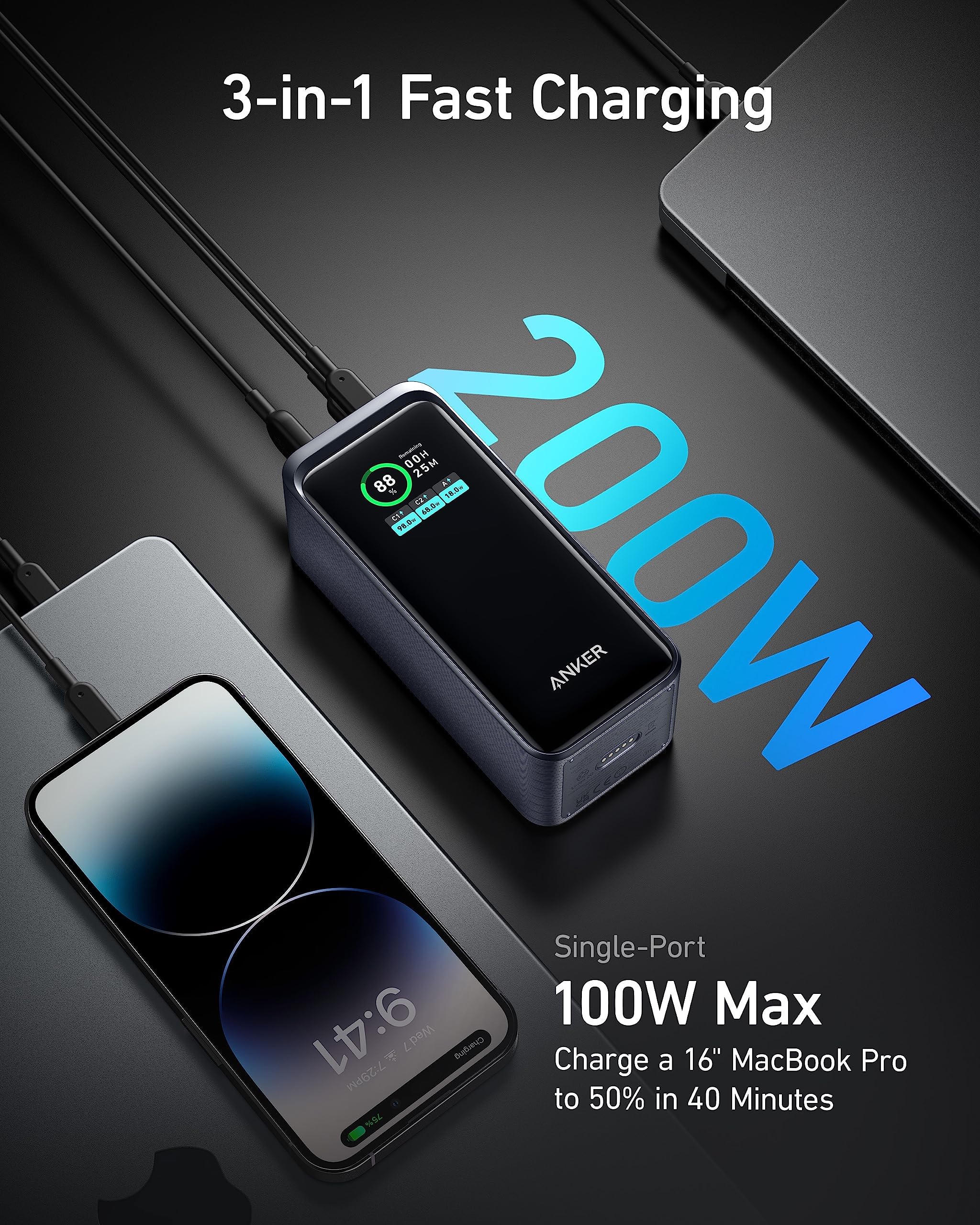 Anker USB-C to Lightning Cable 10ft - Durable 541 Bio-Nylon Fast Charging Cord (Phantom Black) | 20,000mAh Portable Power Bank with Prime Charging - Perfect for iPhone, iPad, Travel & Emergency Power Backup