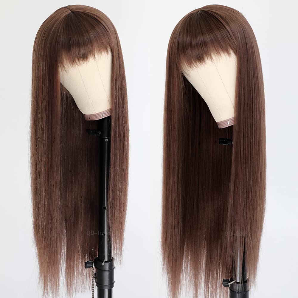 QD-Tizer Long Straight Brown Synthetic Wig with Bangs - Heat Resistant No Lace Fashion Wig for Women | Perfect for Cosplay, Daily Wear & Special Occasions