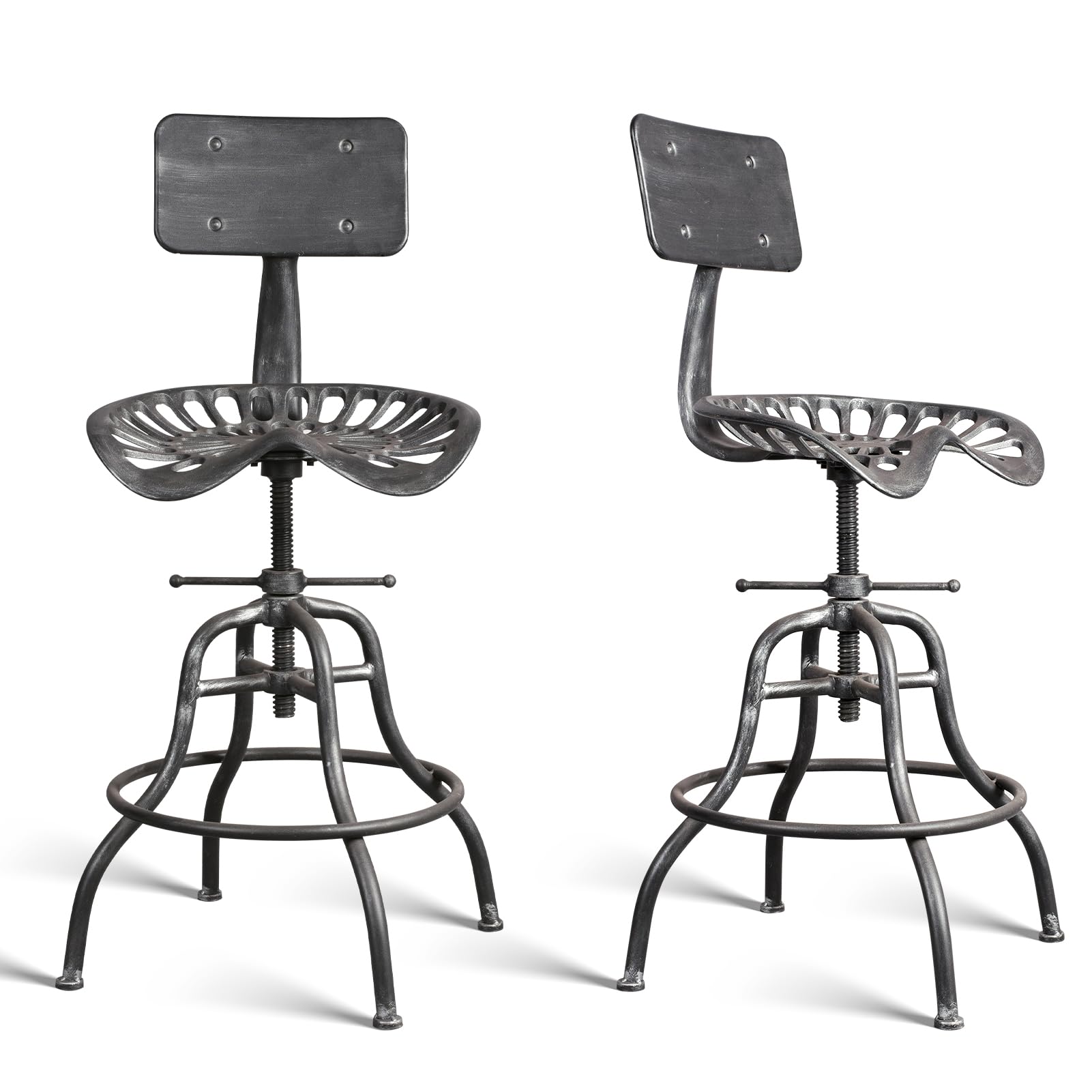 Industrial Farmhouse Bar Stool - Adjustable Tractor Saddle Chair with Backrest (22-27 Inch Height) - Durable Metal & Cast Iron Counter Stool for Kitchen, Bar, Restaurant & Home Decor - Silver Finish