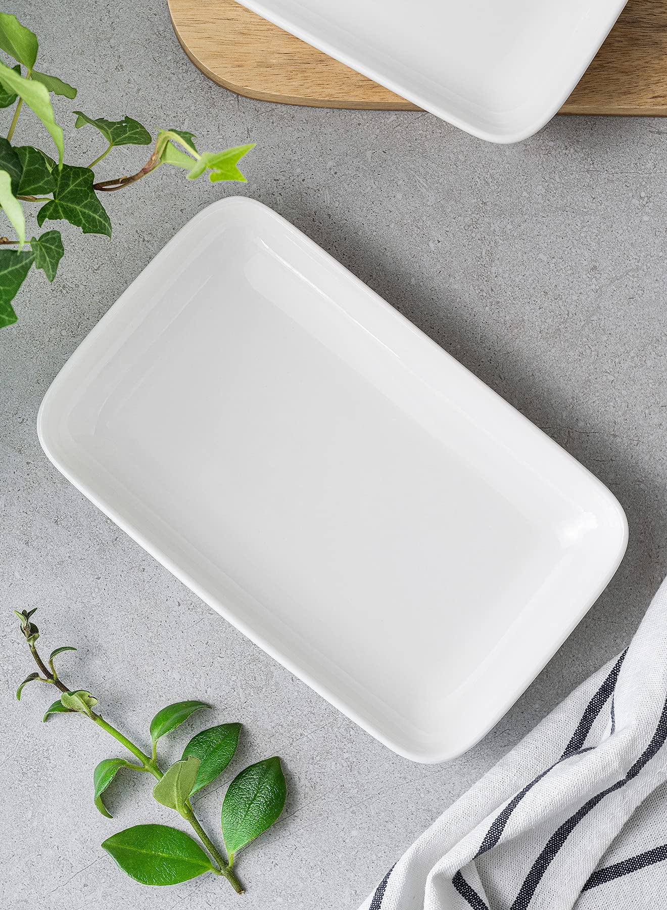 Sweese 8 Inch Rectangular Porcelain Salad Plates - Set of 6 Stackable White Serving Trays for Salad, Fruit, Sushi, Appetizers | Perfect for Dinner Parties, Picnics & Home Entertaining