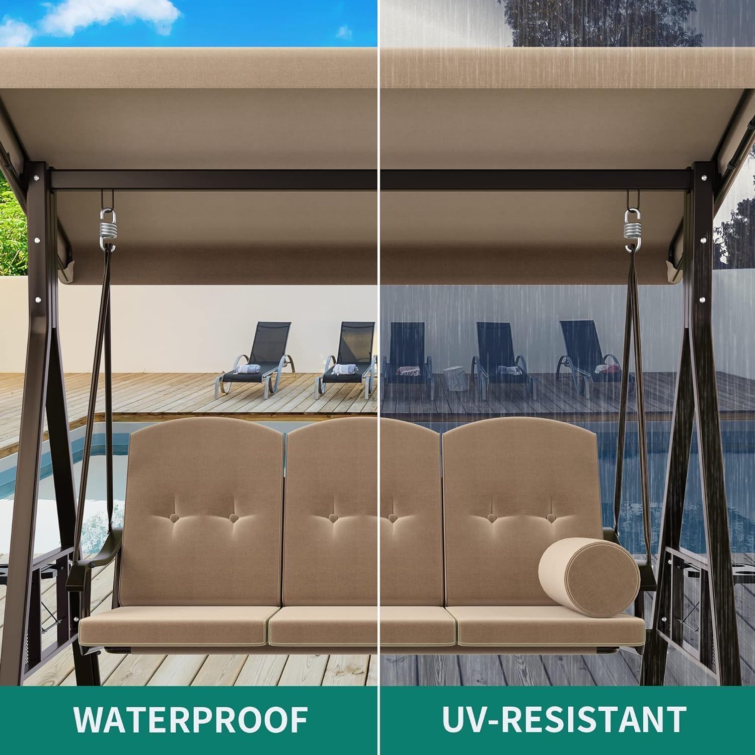 YITAHOME 3-Seat Heavy Duty Outdoor Porch Swing Chair with Adjustable Canopy & Removable Cushions - Weather Resistant Steel Frame - Perfect for Garden, Patio, Backyard, Balcony, Deck - Brown - Ideal for Relaxing, Lounging & Outdoor Entertaining