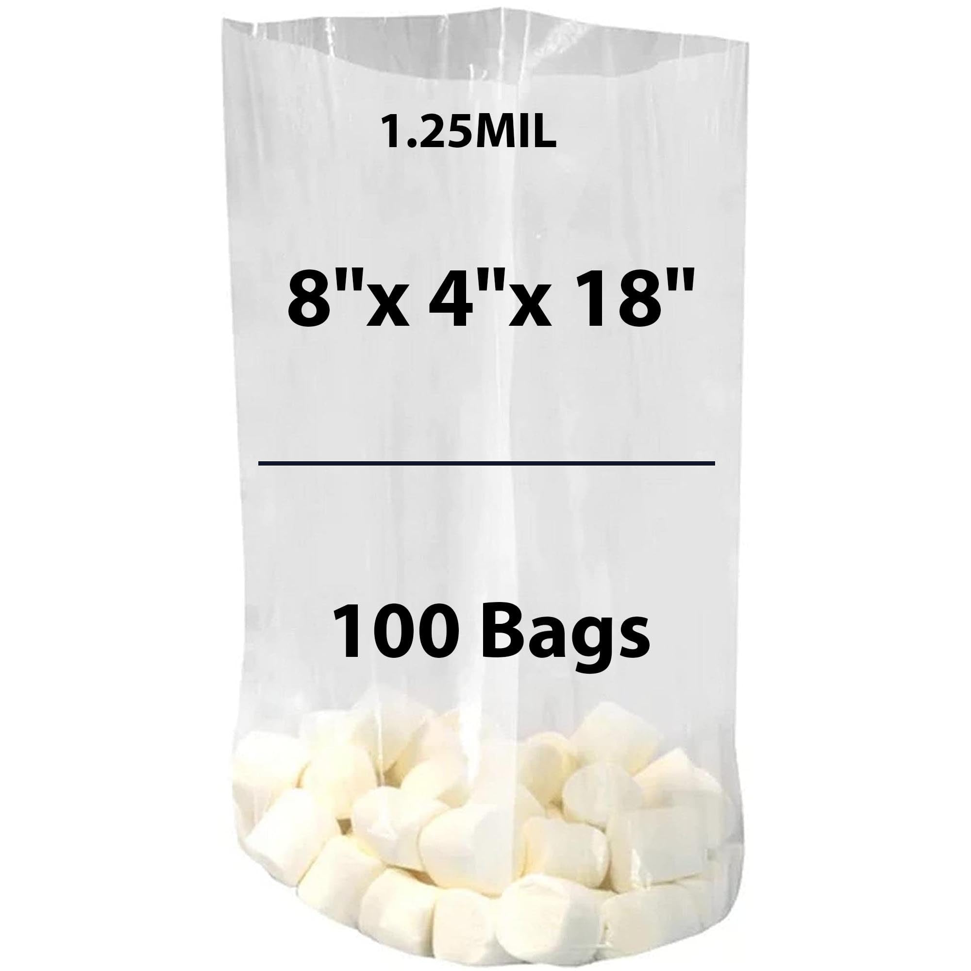 Durable Clear Heat Sealable Gusseted Plastic Poly Bags - 8x4x18 Inches (100 Pack) | 1.25 Mil Thick Open Top Bags with Twist Ties | Perfect for Party Favors, Candy, Cookie, Gift Wrapping, Bakery & Dessert Packaging | Great for Retail, Events & Small Business Use
