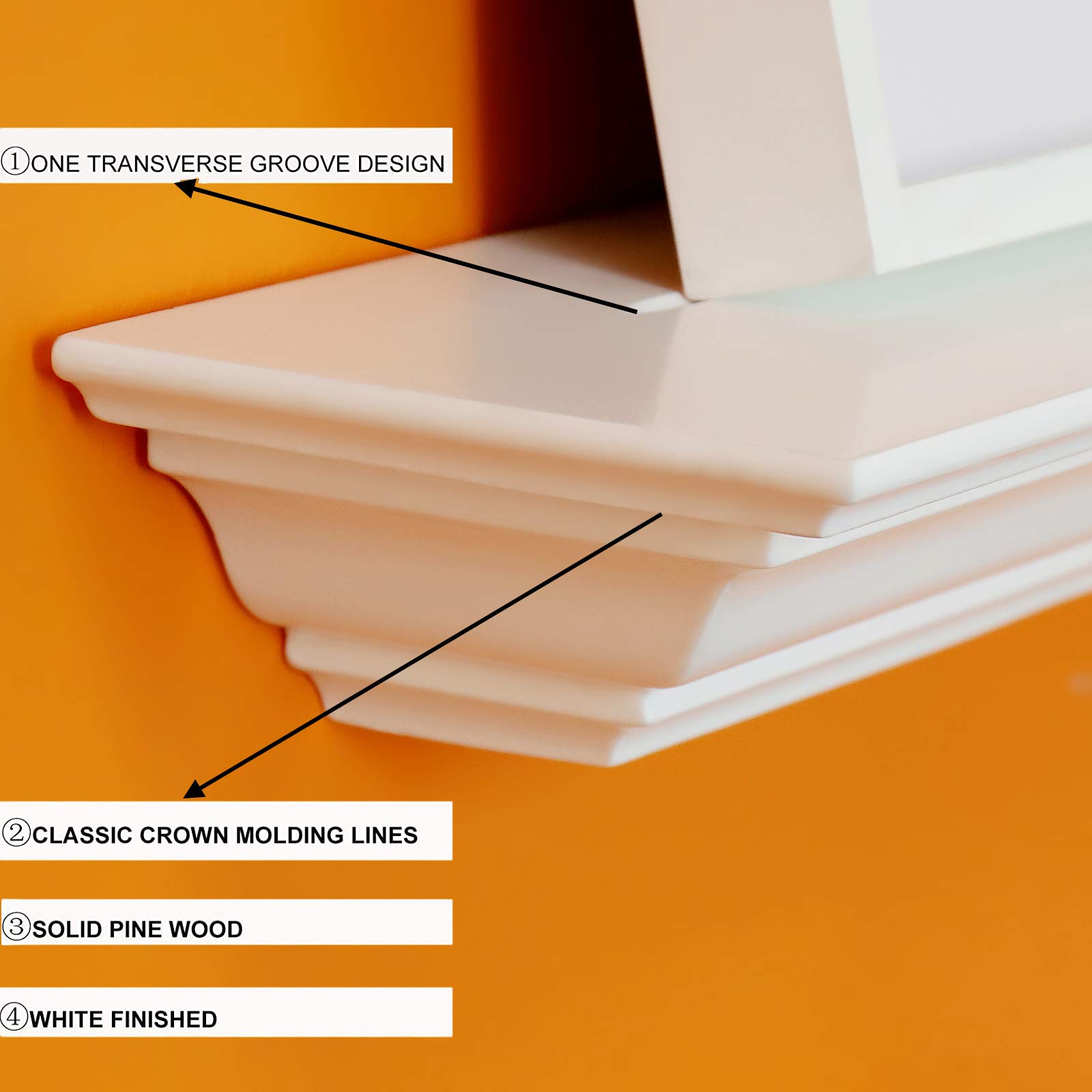WELLAND 24 Inch White Floating Shelves - Solid Pine Wood Wall Mounted Shelves with Crown Molding, Perfect for Displaying Photos, Decor & Fireplace Mantel - Home Office & Living Room Decor