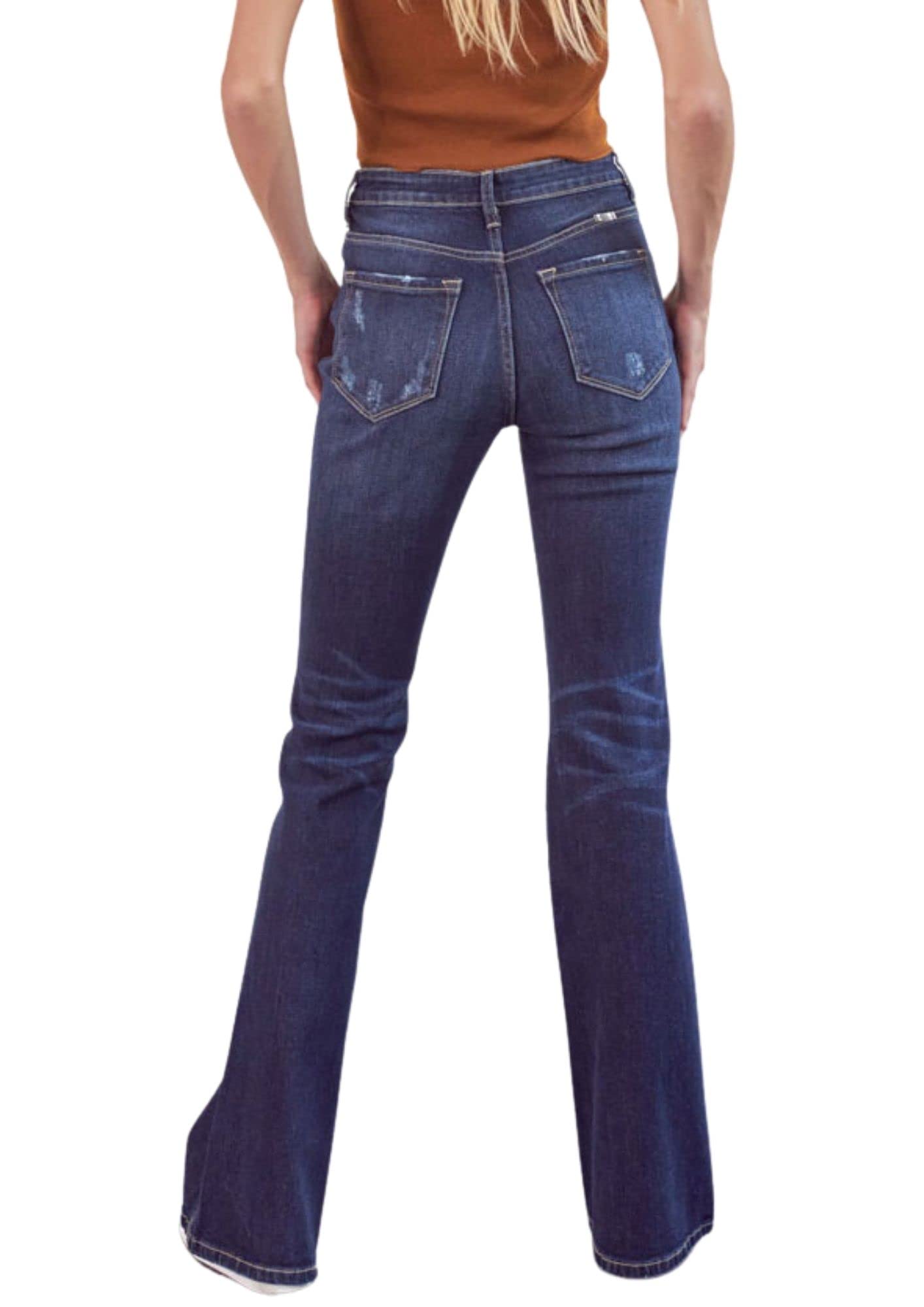 Kan Can Women's High Rise Flare Jeans - KC7340D | Vintage 70s Inspired Bootcut Denim Pants for Casual Wear & Night Out