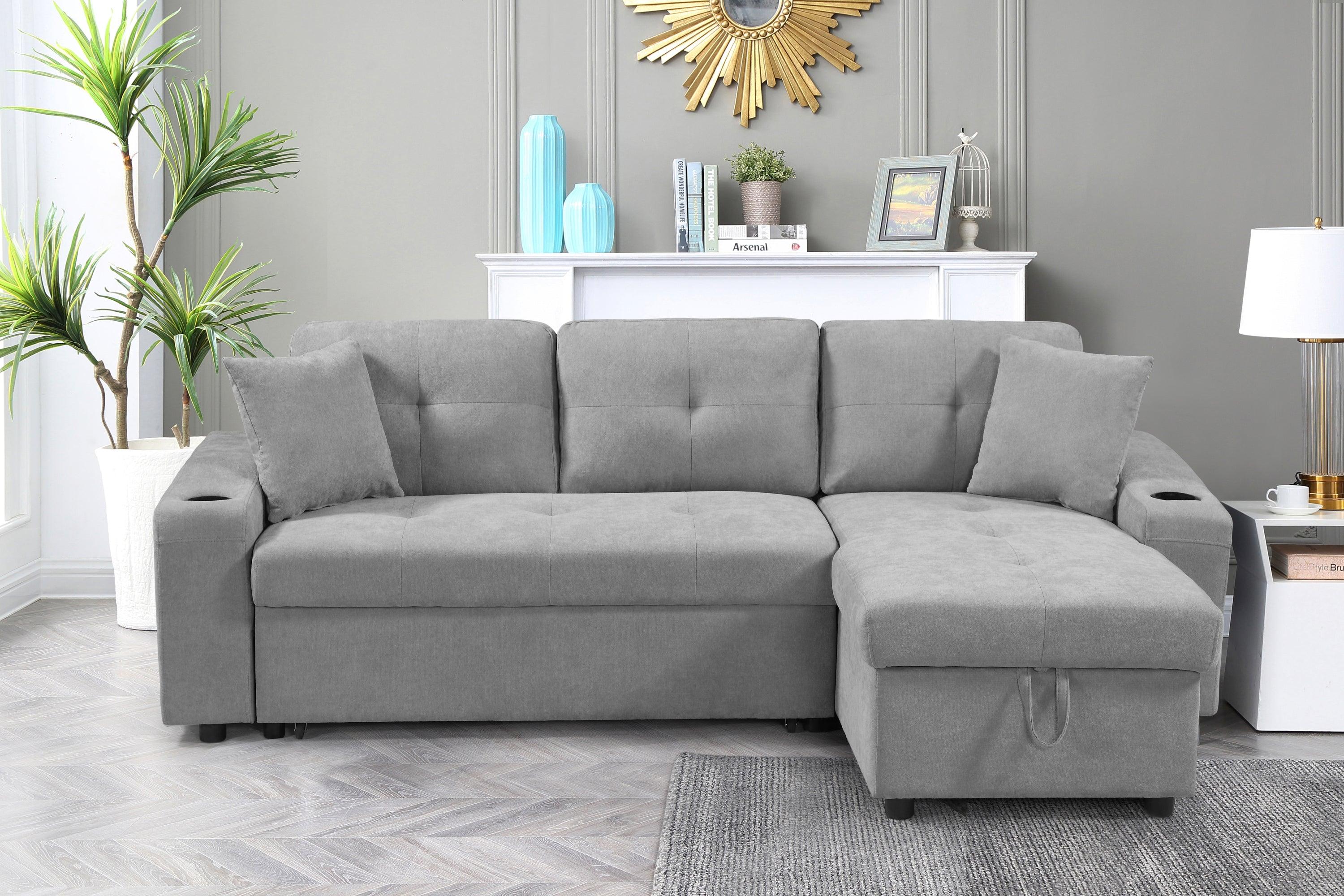 Convertible Corner Sofa with Armrest Storage - Modern Sectional Sofa for Living Room & Apartment, Right Chaise Longue in Grey - Perfect for Small Spaces, Movie Nights & Family Gatherings
