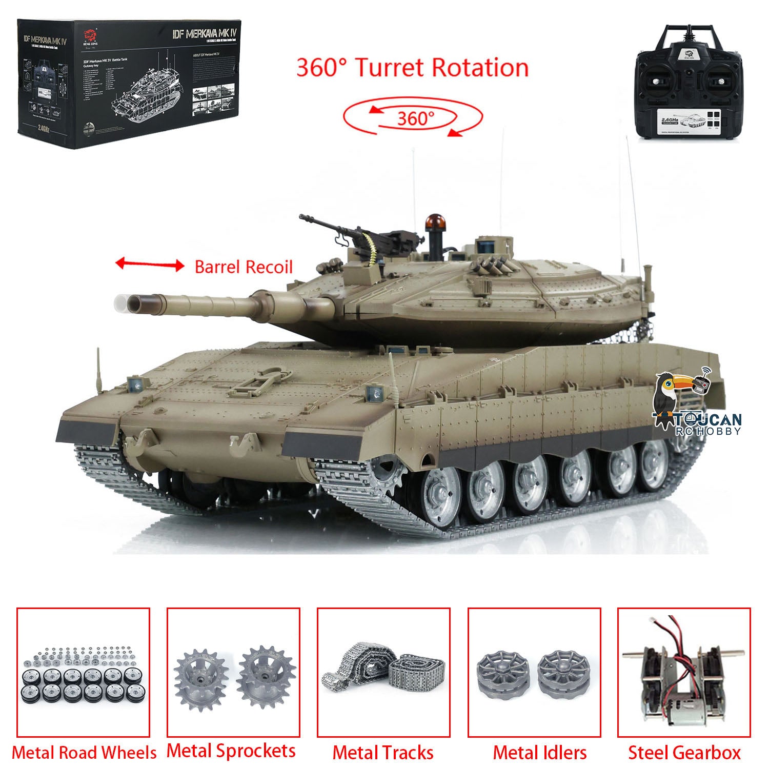 1/16 Scale Henglong IDF Merkava MK IV RC Military Tank with Metal Tracks, Road Wheels & Recoil Barrel - US Stock | Realistic Battle Simulation & Collectible Display