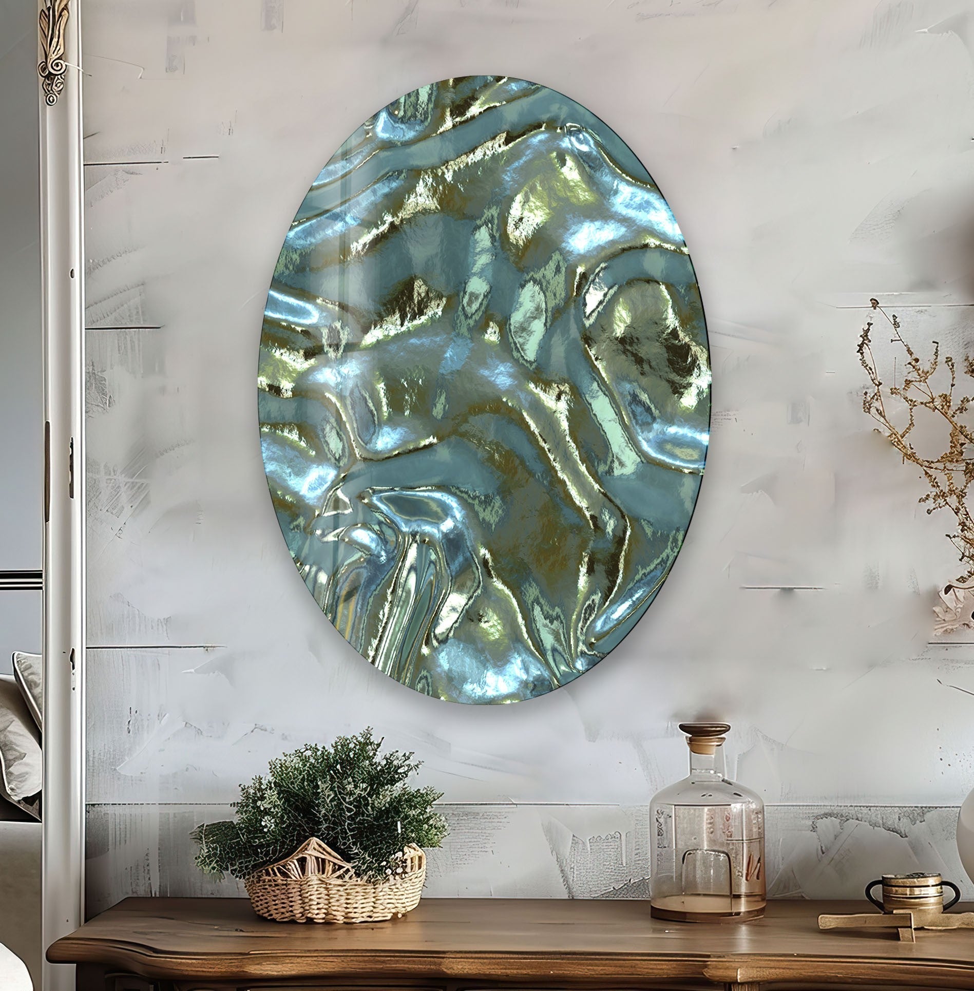 Asymmetric Oval Shiny Glass Wall Art - Modern Abstract Home Decor for Living Room, Bedroom & Office - Perfect for Wall Decor, Housewarming Gifts & Interior Design