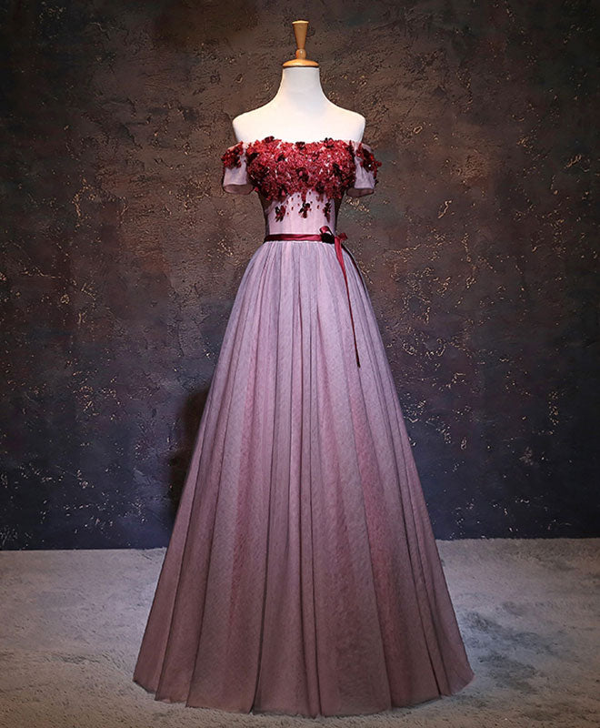 Elegant Pink Tulle Lace Applique Long Prom Dress & Burgundy Lace Evening Gown for Women - Perfect for Homecoming, Formal Dances, Wedding Guest and Special Occasions