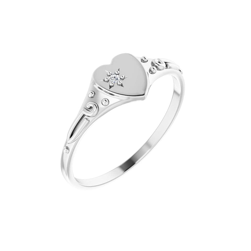 14K White Gold Polished 0.01 Carat Diamond Heart Ring for Women - Size 5 Dainty Love Jewelry Gift for Her, Perfect for Valentine's Day, Anniversary & Special Occasions