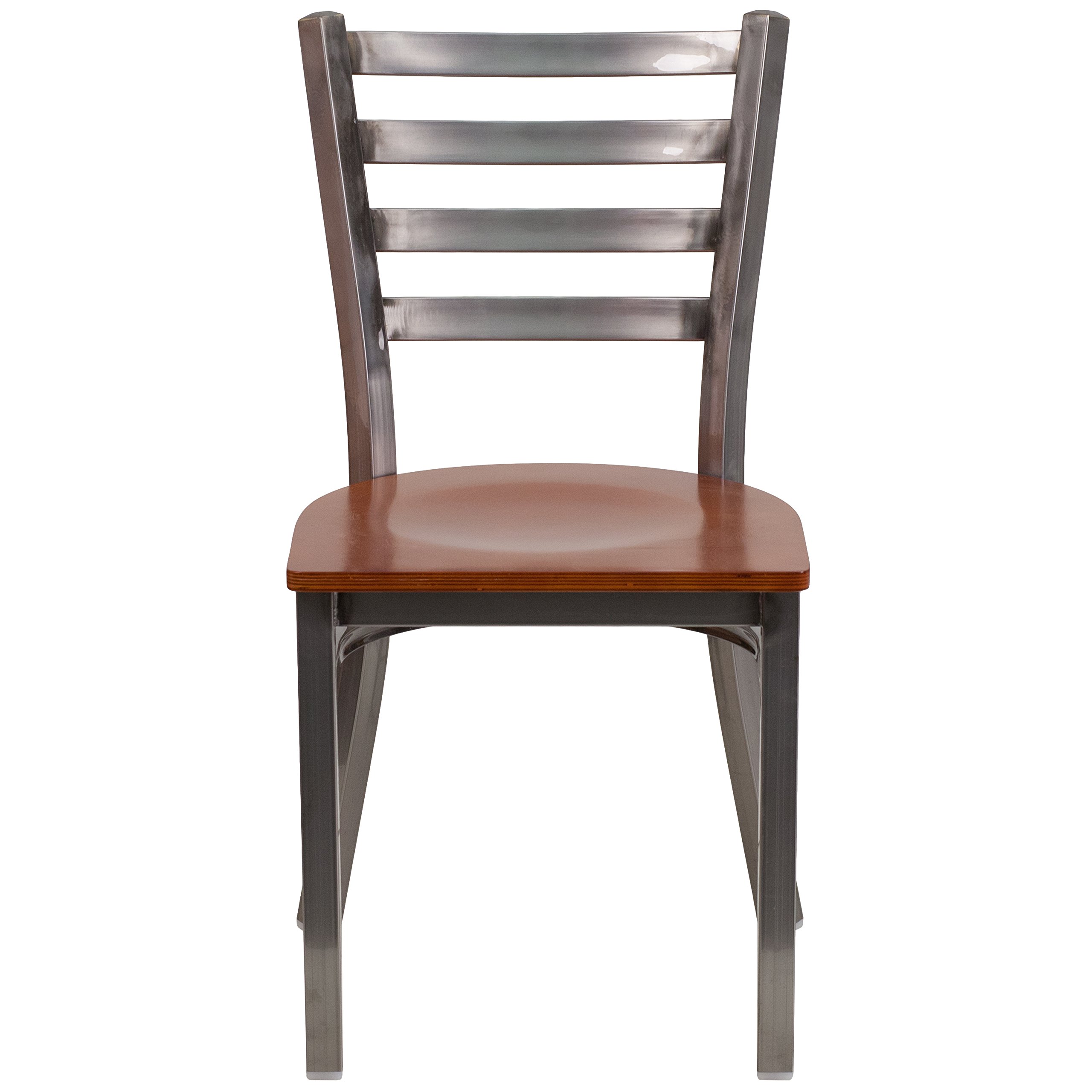 Clear Coated Ladder Back Metal Restaurant Chair with Cherry Wood Seat - Durable Commercial Dining Furniture for Cafes, Bistros and Home Kitchens