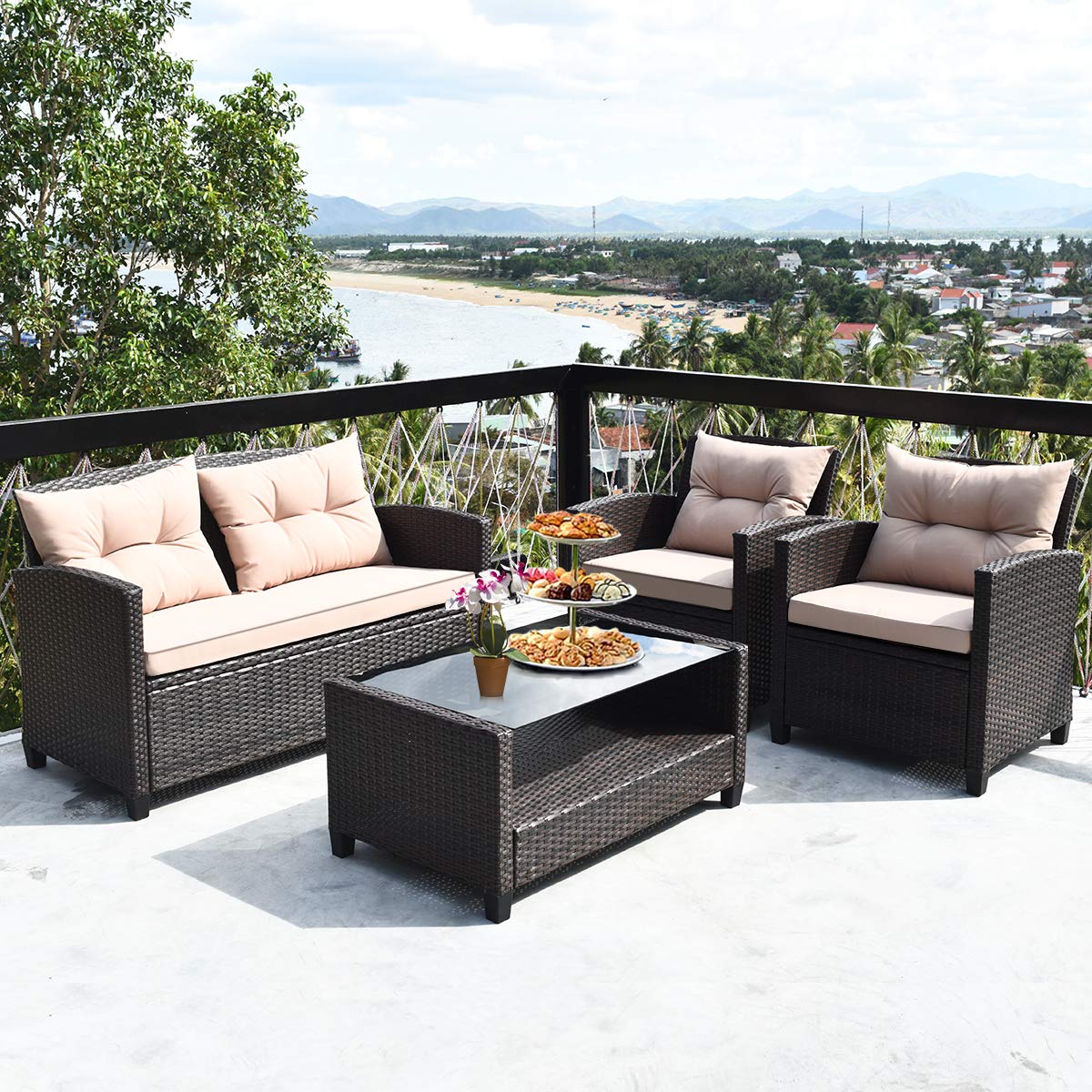 Tangkula 4-Piece Outdoor Patio Furniture Set - Rattan Wicker Chair Set with 1 Loveseat, 2 Single Sofas & Tempered Glass Coffee Table - Perfect for Backyard, Porch, Garden, Poolside & Outdoor Entertaining
