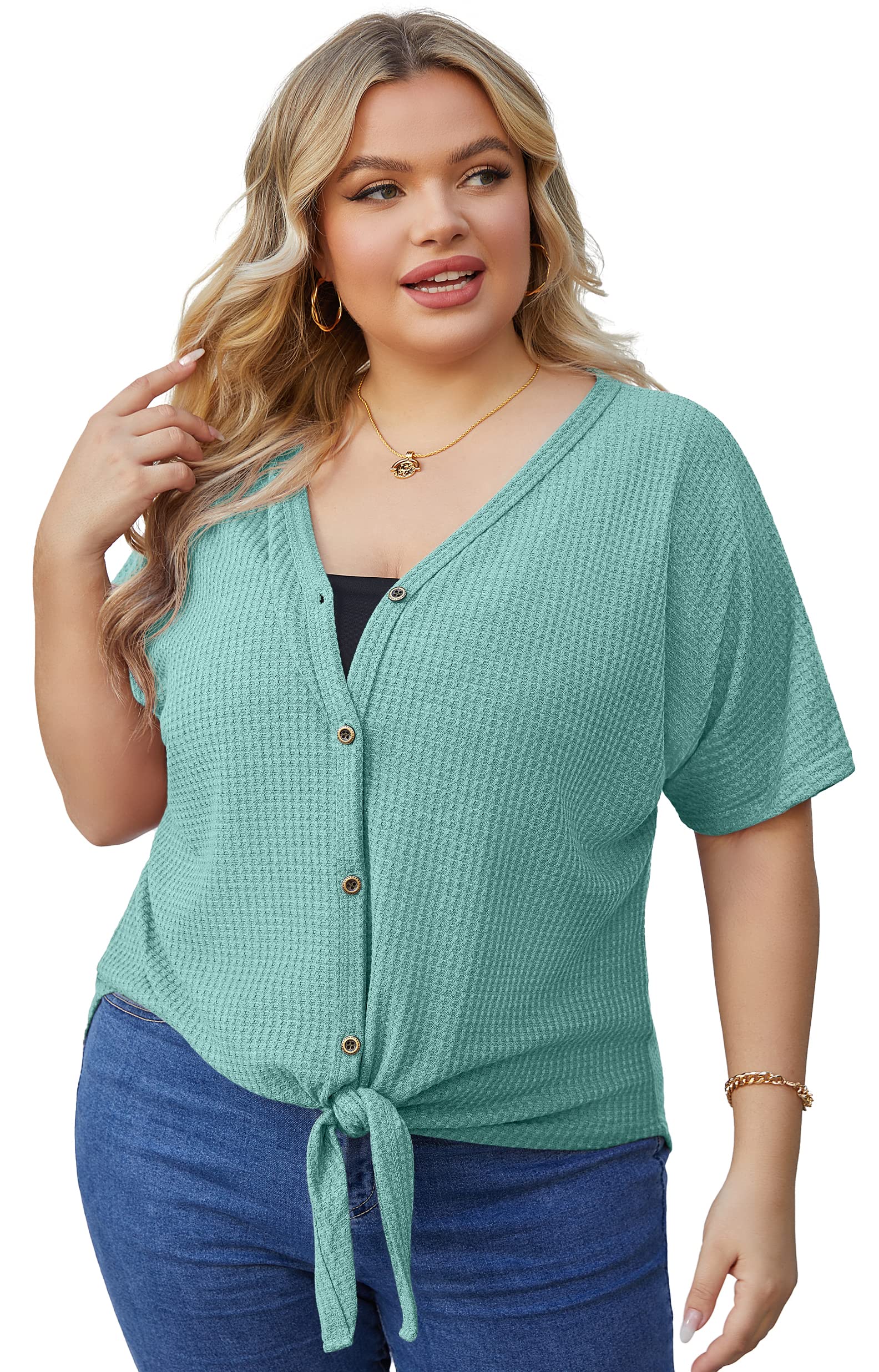 OLRIK Women's Plus Size Short Sleeve V-Neck Waffle Knit Tunic Blouse - Tie Front Button Up T-Shirt for Casual Wear, Office & Date Night