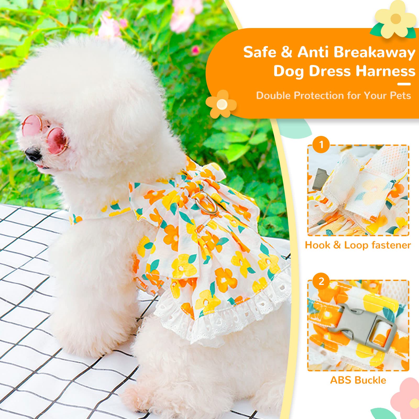 Small Dog Harness & Dress Set with Leash - Cute Floral Princess Outfit for Puppies & Kittens (Yellow, Medium) | Perfect for Summer Walks, Birthday Parties & Pet Fashion Photos