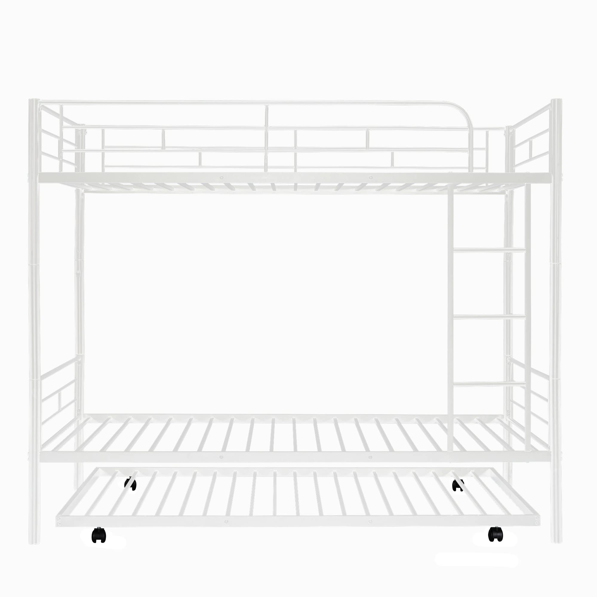 P PURLOVE Twin Over Twin Metal Bunk Bed with Trundle - Convertible to 2 Separate Beds - Sturdy Frame with Ladder - No Box Spring Required - White - Perfect for Kids' Bedroom, Guest Room & Space-Saving Solutions