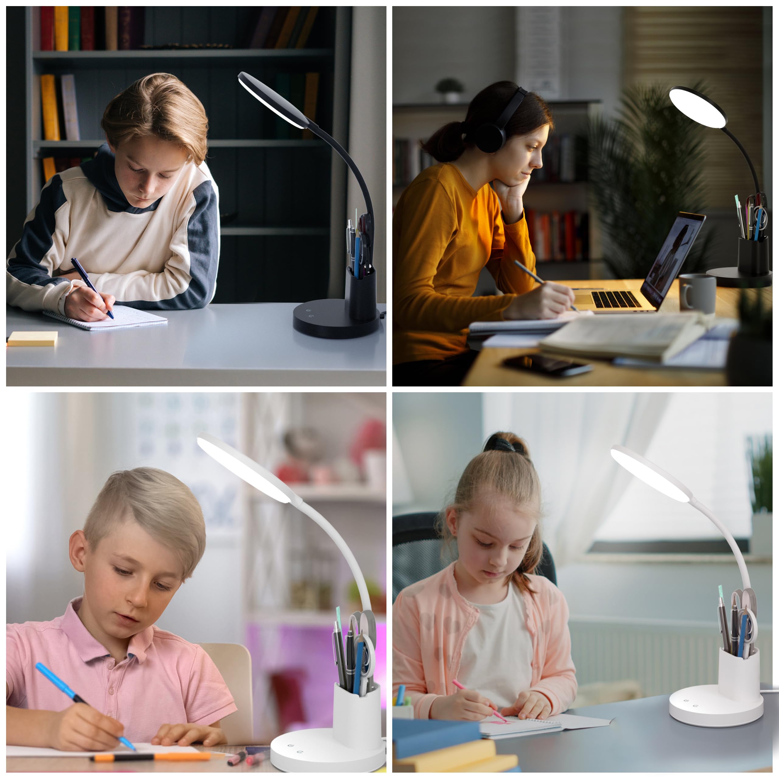 LED Desk Lamp with 3 Color Modes & 360° Adjustable Arm - Dimmable Touch Table Light with Phone/Pen Holder for Home Office Study Reading - Black Workspace Lighting
