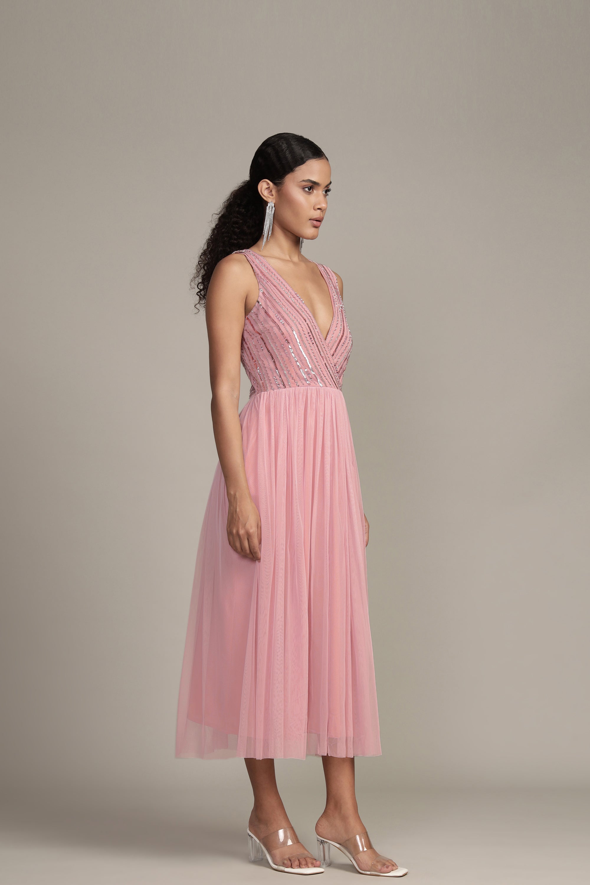 Millie Midi Embellished Dress for Women - Elegant Pink Floral Party Dress | Perfect for Weddings, Cocktails & Special Occasions