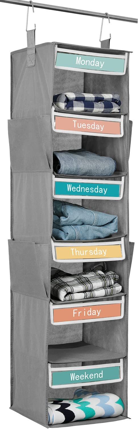 Hibobi 6-Shelf Hanging Closet Organizer for Kids - Collapsible Wardrobe Storage with 4 Side Pockets (47.2x12.2x12.2 Inches, Gray) - Perfect for Nursery, Bedroom & Daily Kids Clothes Organization