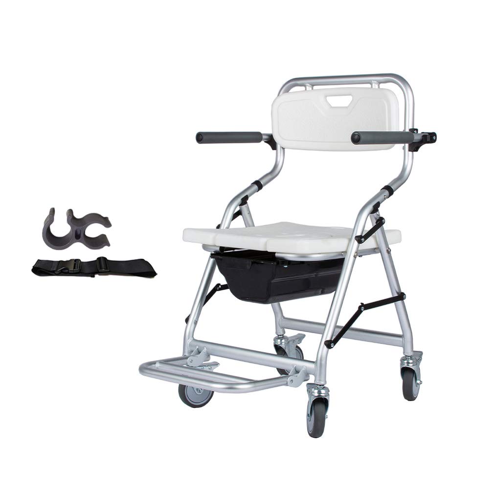 Foldable Mobile Shower Chair with 4-Wheel Brakes (360°) - Adjustable Height 46cm & Width 41cm - Wheelchair & Toilet Chair with Backrest for Elderly & Disabled - Safe Bathroom & Home Care Solution