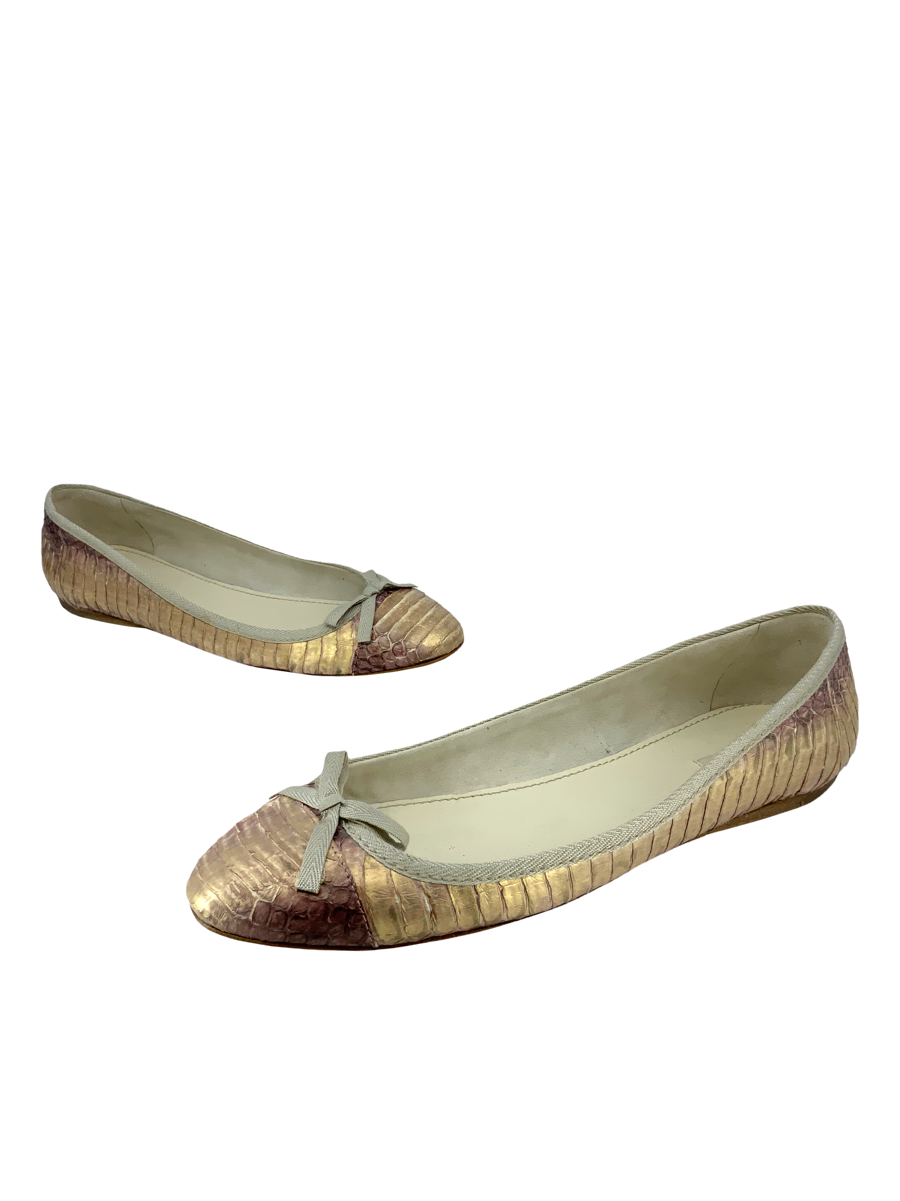 Miu Miu Women's Metallic Snakeskin Ballet Flats - Size 8 | Comfortable & Stylish Pointed Toe Shoes for Work, Party & Everyday Wear