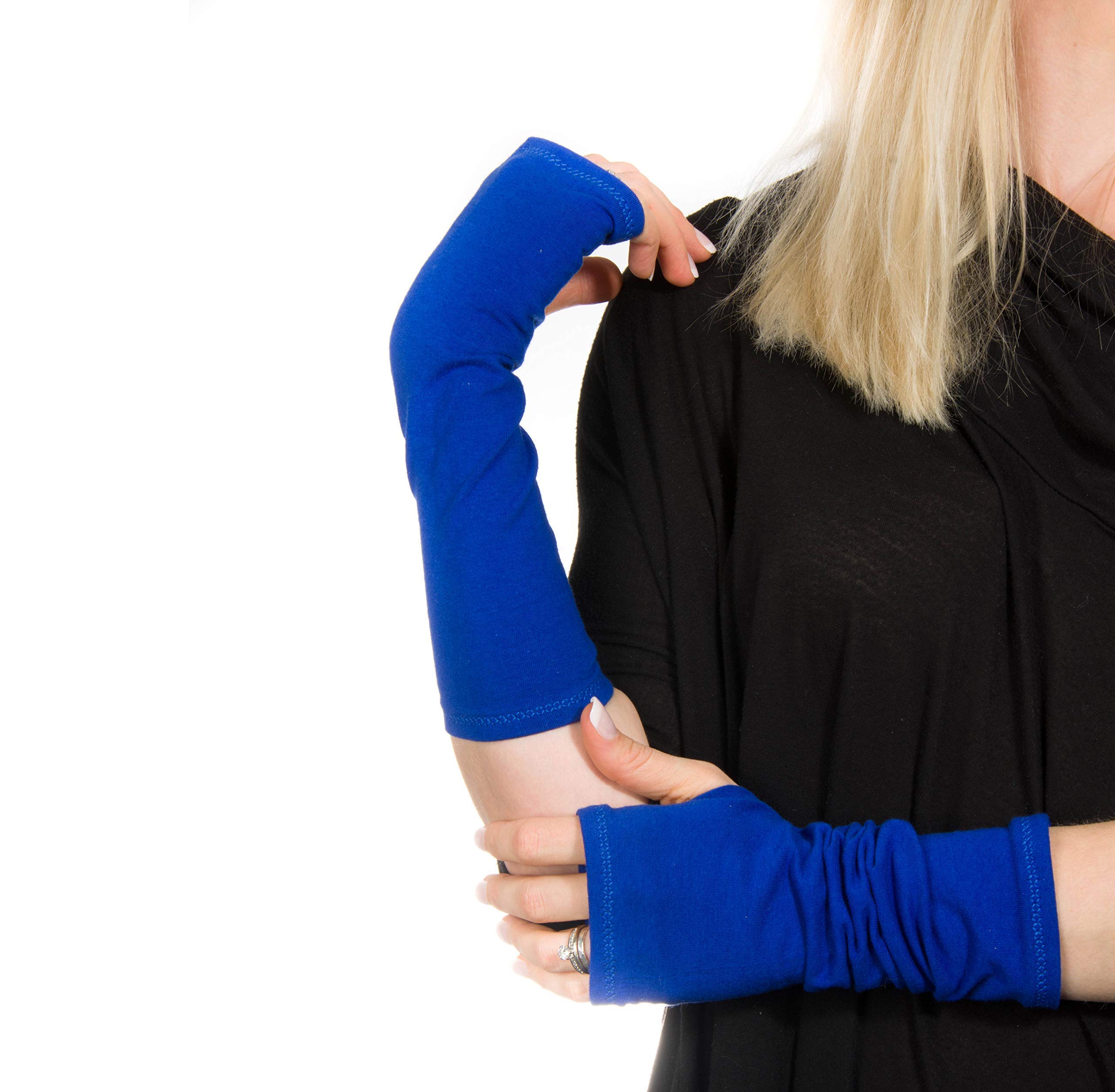 Royal Blue Cotton Long Jersey Fingerless Gloves - Warm & Stretchy for Typing, Driving & Outdoor Activities - Unisex Winter Hand Warmers