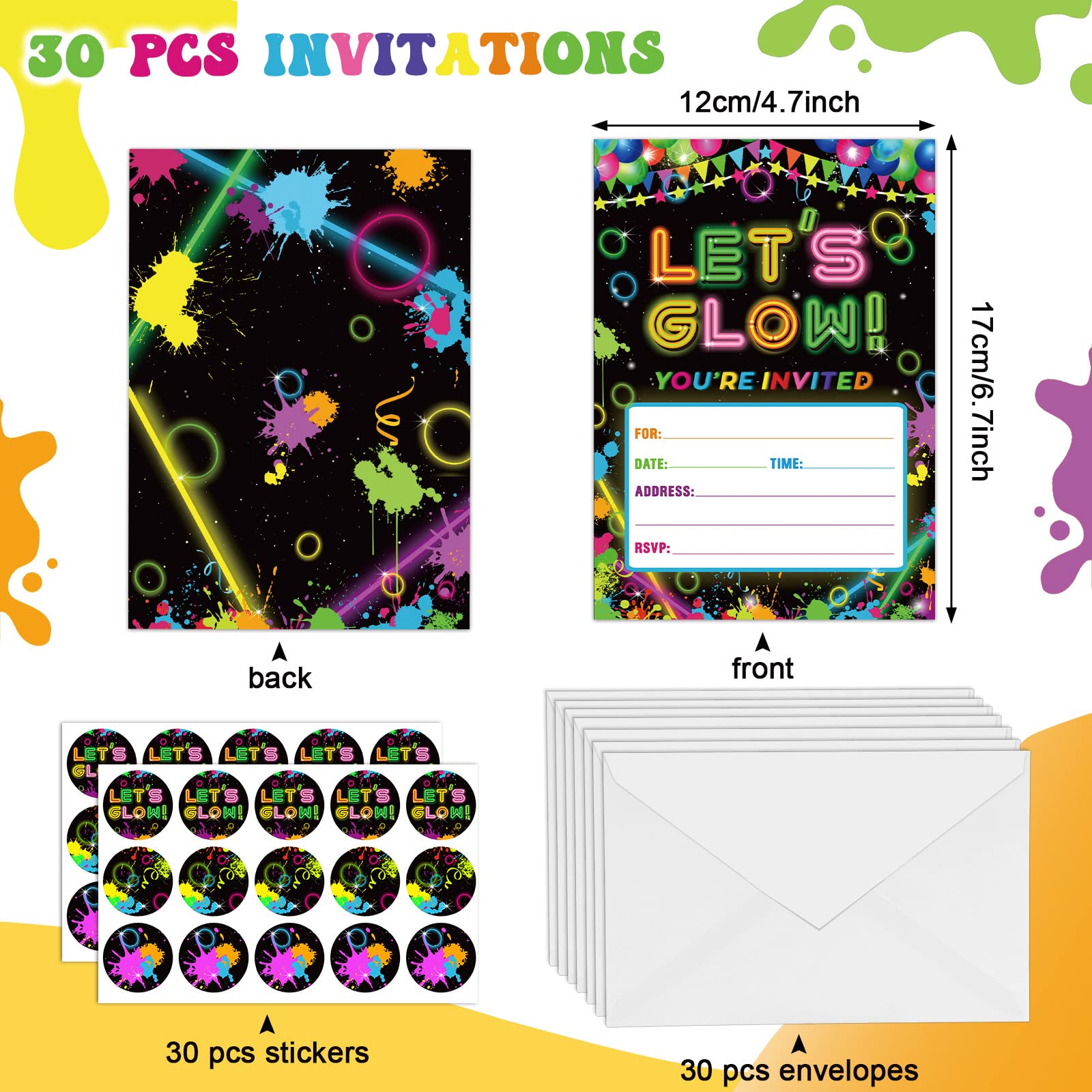 30 Pack Glow in the Dark Birthday Party Invitations - Neon Party Favors with 30 Envelopes & Stickers - Perfect for Kids Birthday, Glow Parties & Nighttime Celebrations