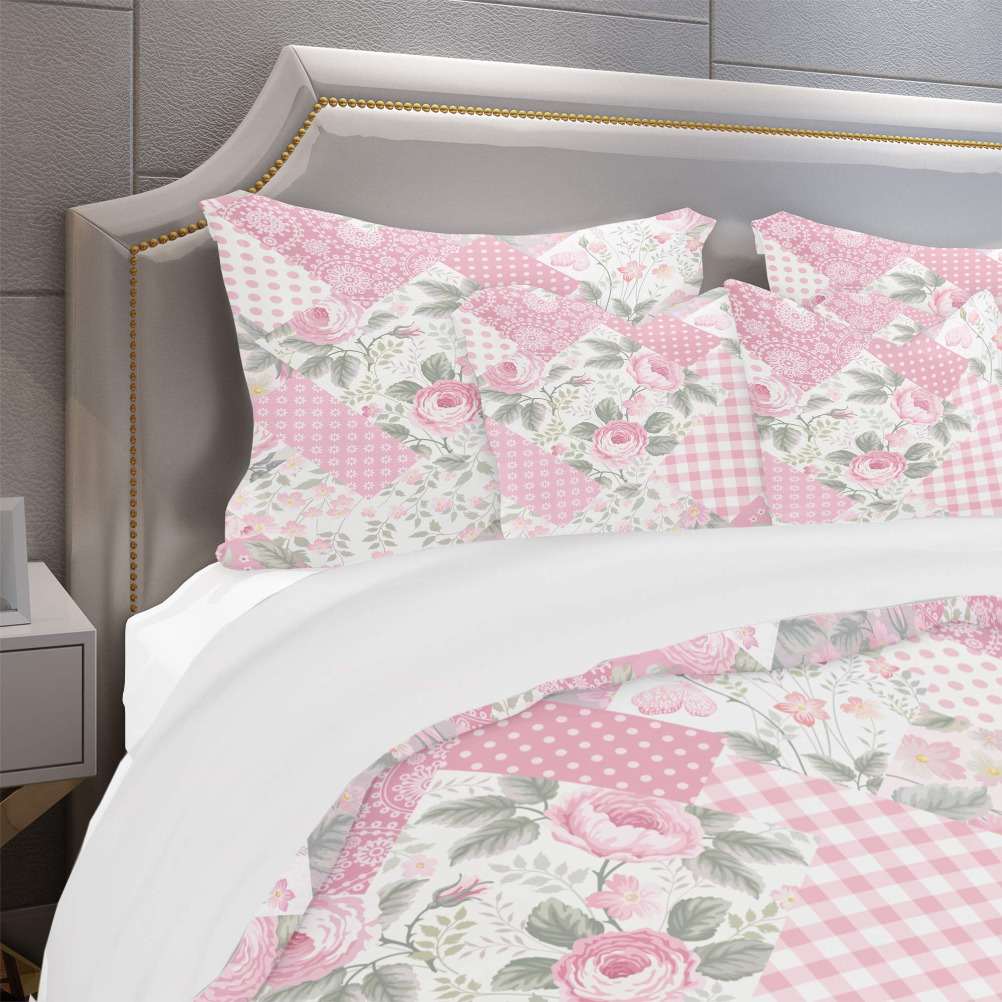 Patchwork Floral Cabin & Lodge Duvet Cover Set - Pink King Size 3-Piece Bedding Set for All Seasons | Cozy Cabin Retreat & Rustic Lodge Decor