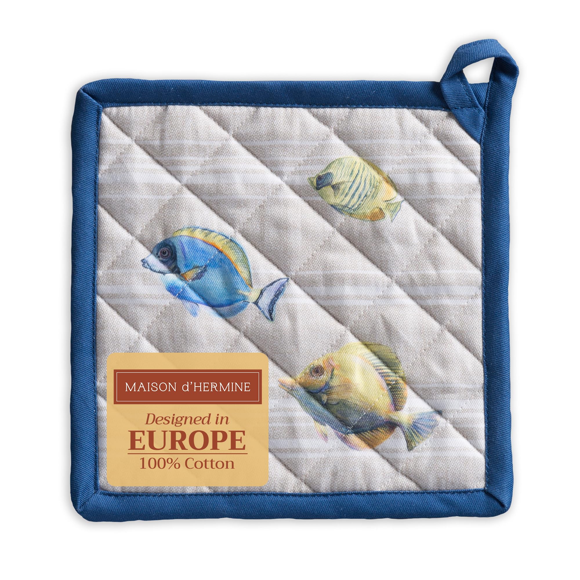 Heat Resistant 8x8 Inch Cotton Potholders - 100% Cotton Oven Mitts with Loop for BBQ, Grilling, Baking & Microwave Use - Easter & Spring Kitchen Decor (Poisson Design)