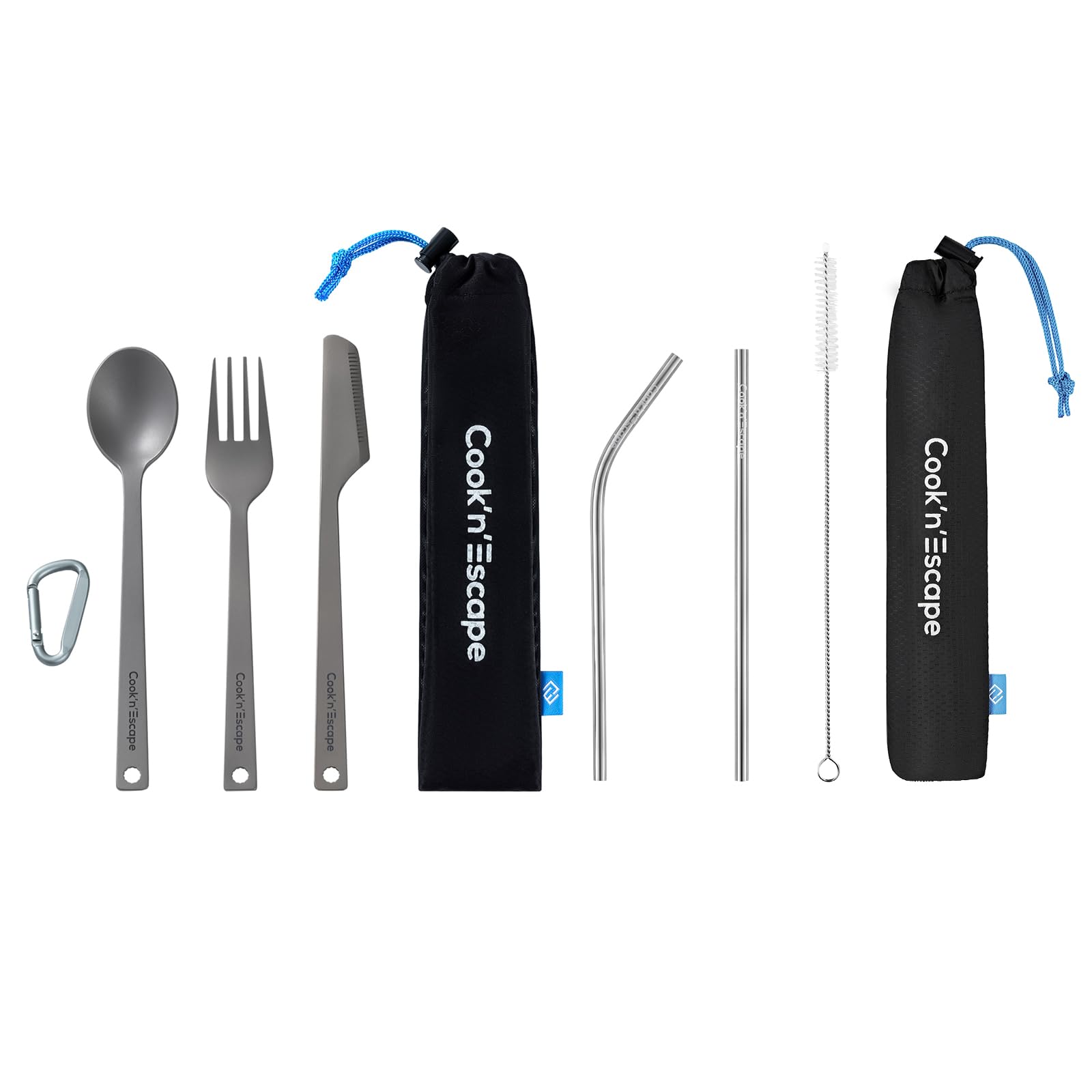 COOK'N'ESCAPE Titanium Camping Utensil Set - Lightweight Spoon, Fork, Knife & Reusable Straw with Cleaning Brush | Durable Outdoor Flatware for Camping, Hiking, Backpacking, Picnics & Travel