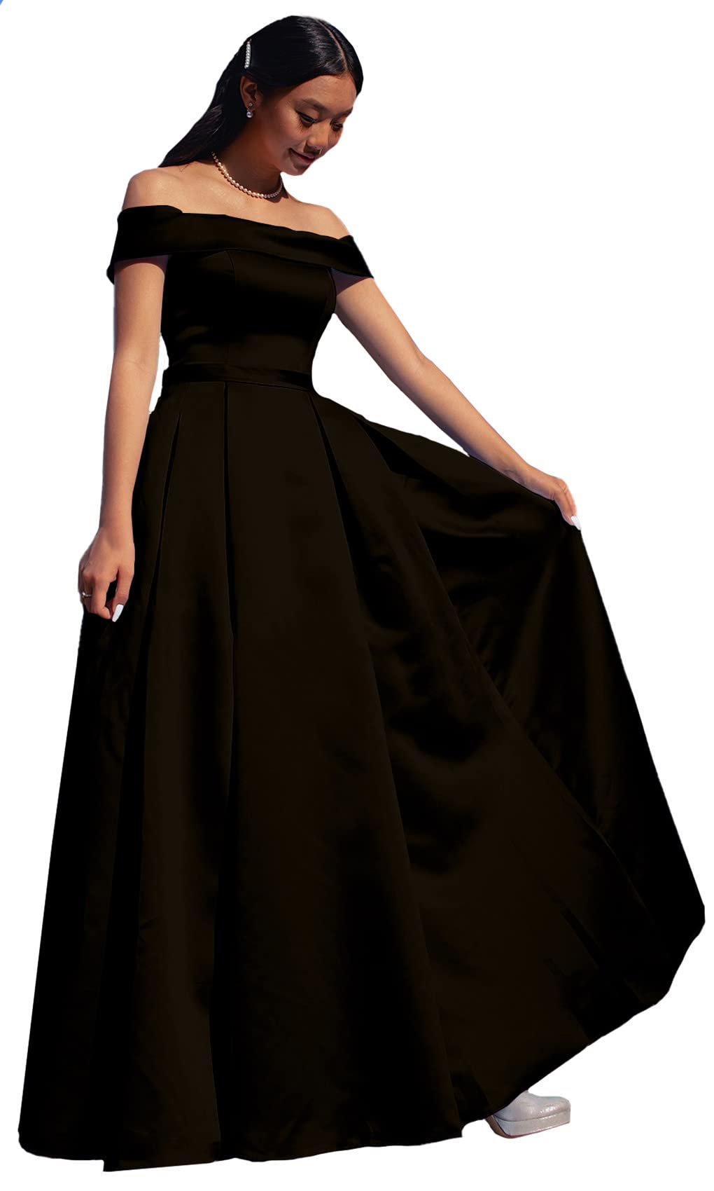 ANGELWARDROBE Women's Long Off Shoulder Prom Dress - Satin A-Line Formal Evening Gown with Slit Pockets for Homecoming, Wedding, Party & Special Occasions