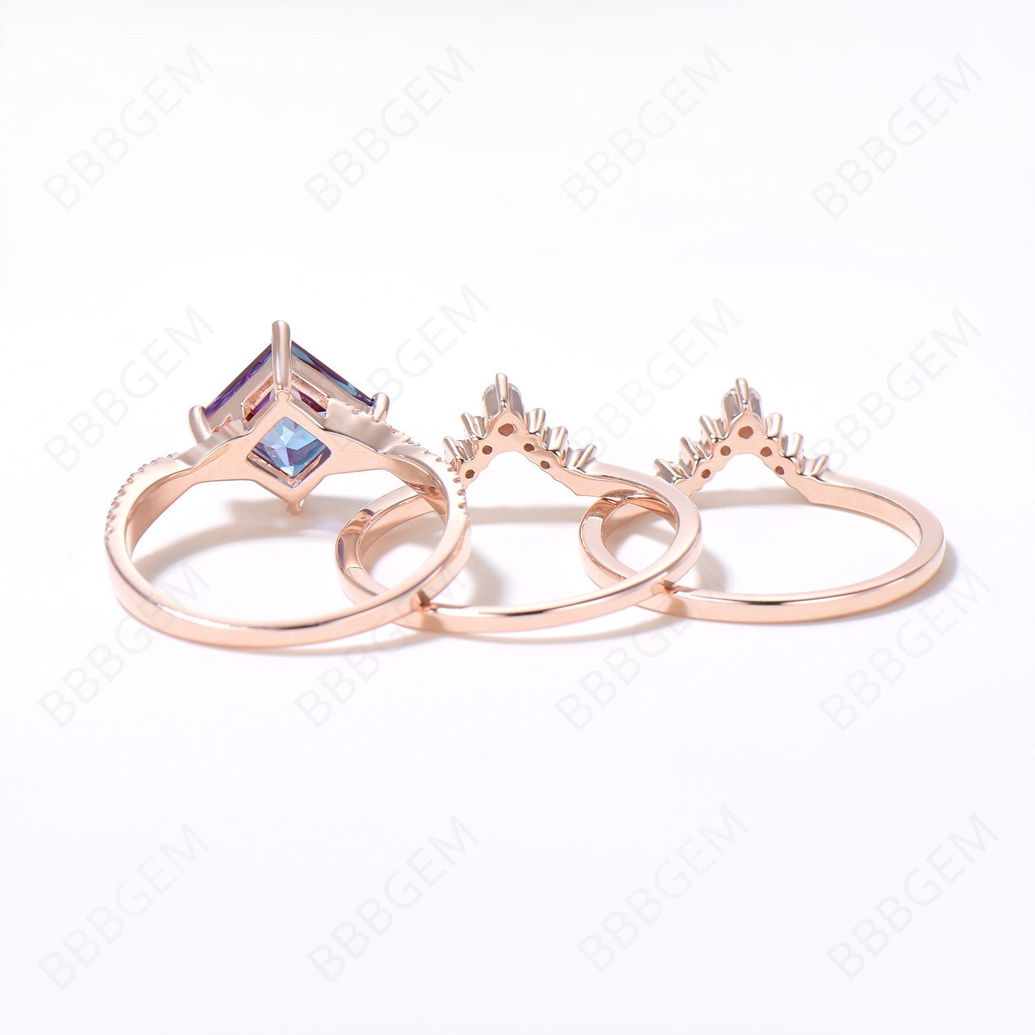 3-Piece Alexandrite Engagement Ring Set | Infinity Twist Moissanite & Diamond Wedding Ring in 14K Rose Gold | Princess Cut Alexandrite Bridal Jewelry Set for Proposals, Anniversaries & Special Occasions