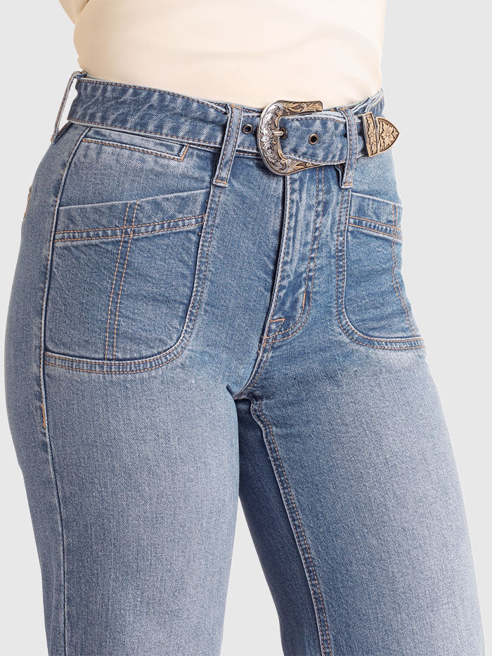 Rock & Roll Denim Women's High Rise Belted Relaxed Flare Jeans - Medium Wash Vintage Style for Casual Outfits & Retro Fashion Looks